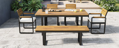 6-Piece Outdoor Dining Set, Acacia Wood, 1 Table with 4 Chairs & 1 Bench for 6-7 Person, Comfortable Cushions on Chairs, Adjustable Feet, for Patio, Garden, Backyard Dining, Beige Cushion image 10