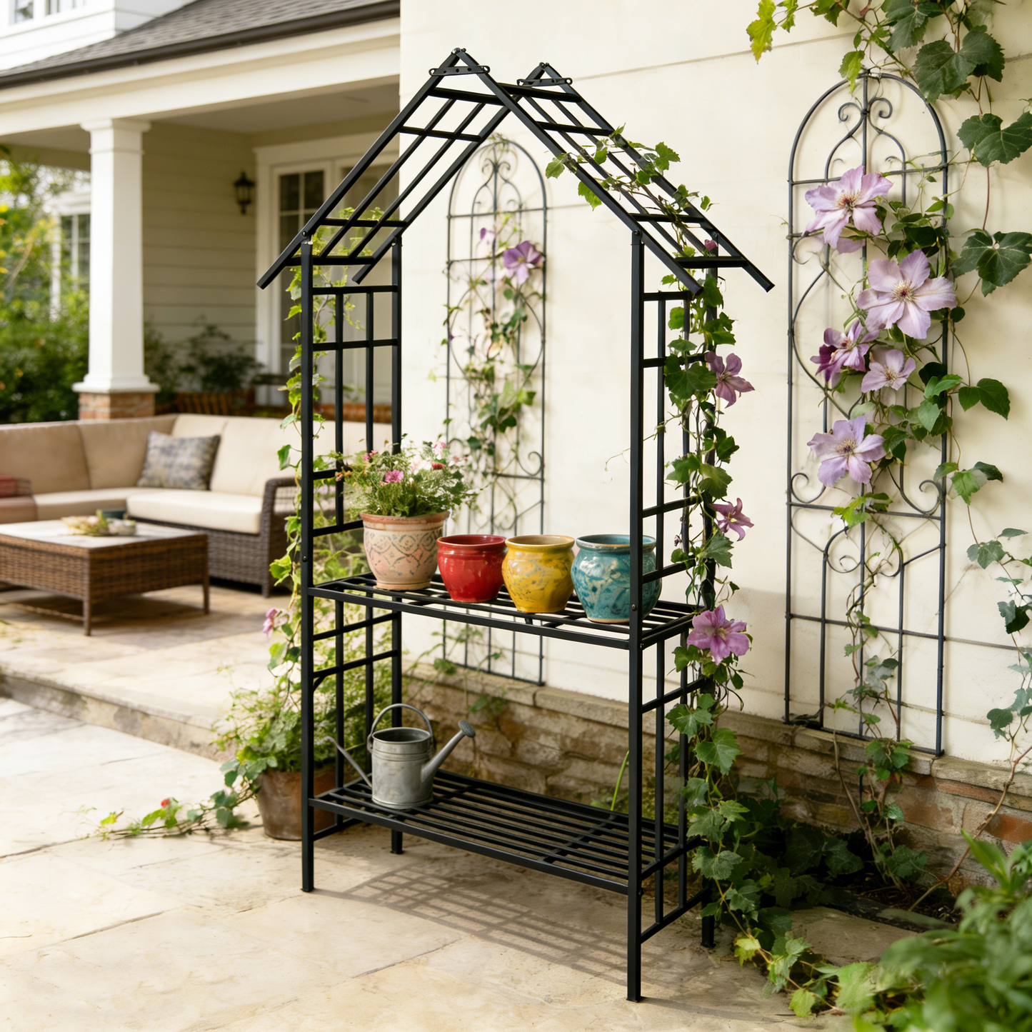Metal Garden Arch with Bench Turned into Flower Stand W58.07*H97.24 Climbing Plants Support Rose Arch Outdoor Black image 7