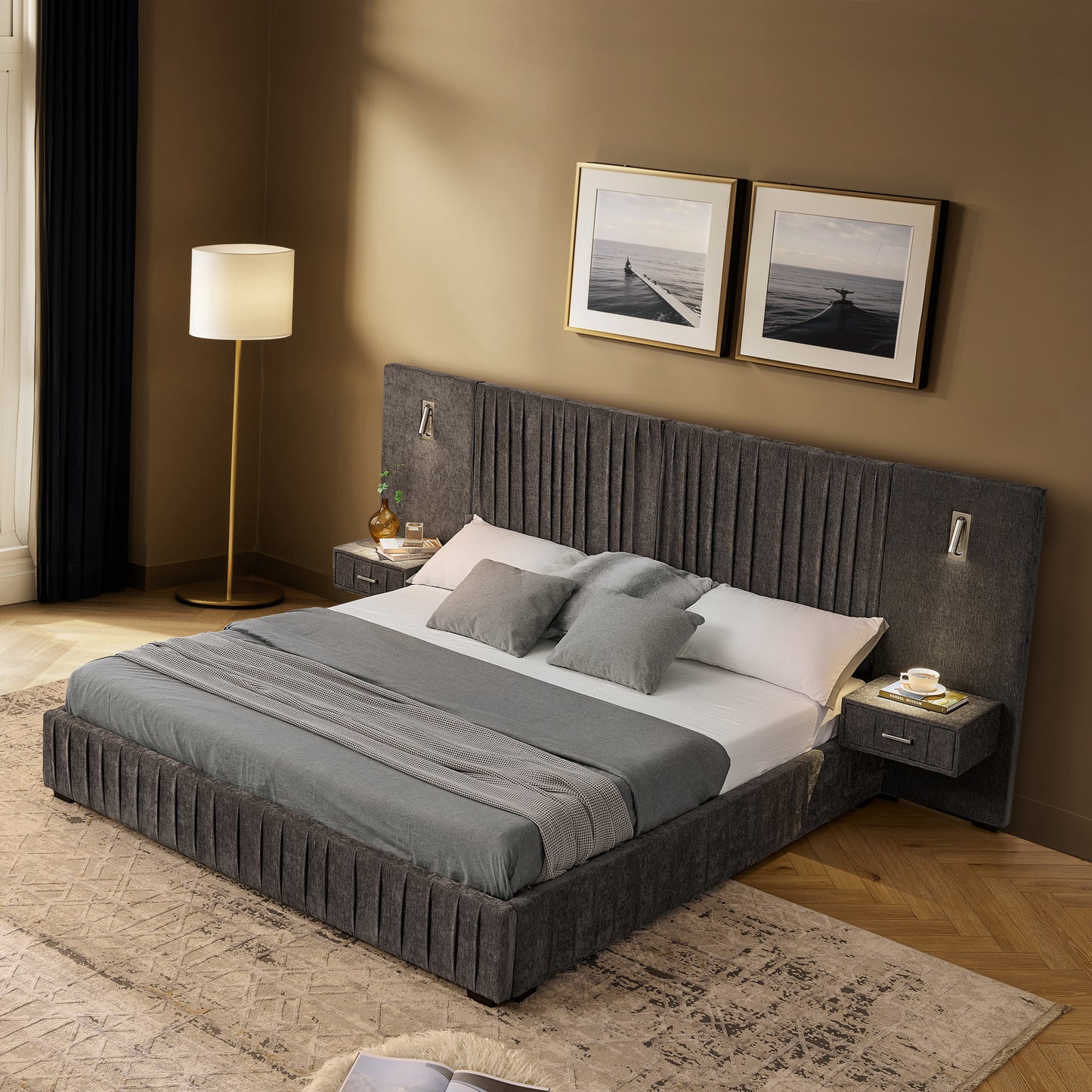 Queen Size Upholstered Bed Frame with Chenille fabric with pleated design,Grounded Queen Size Platform Bed with Headboard and Solid Frame and the bedside table.No Box Spring Needed-DARK GREY image 3