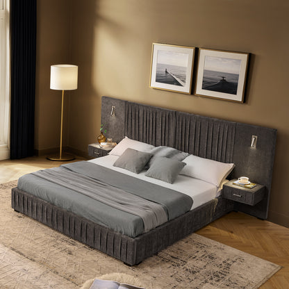 Queen Size Upholstered Bed Frame with Chenille fabric with pleated design,Grounded Queen Size Platform Bed with Headboard and Solid Frame and the bedside table.No Box Spring Needed-DARK GREY image 3