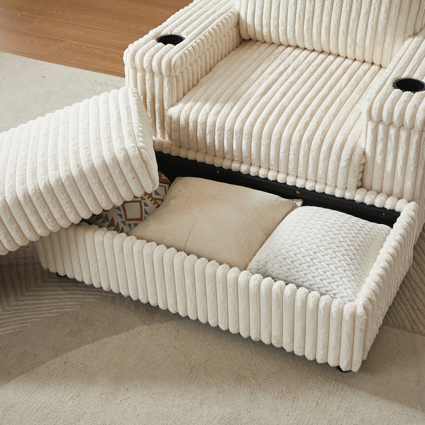 84Inch Corduroy 3-seater sofa With 3 back pillows,2 toss pillows, 2 ottoman,2 Footstool Storage and cup-holding grooves Comfy Sofa- Deep Seat Couch for Living Room image 4
