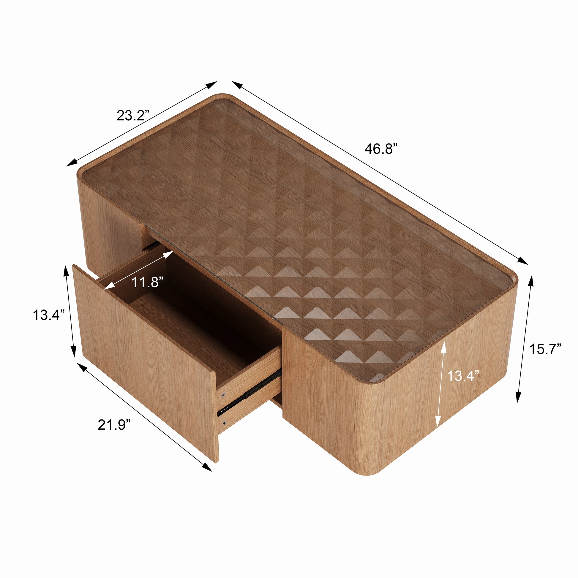 46.8" Mid-Century Modern Glass Top Coffee Table,Rectangular Center Table with Hidden Storage Drawers for Living Room,Contemporary Storage Coffee Table with Stable Base for Apartment Home(Light Walnut) image 6