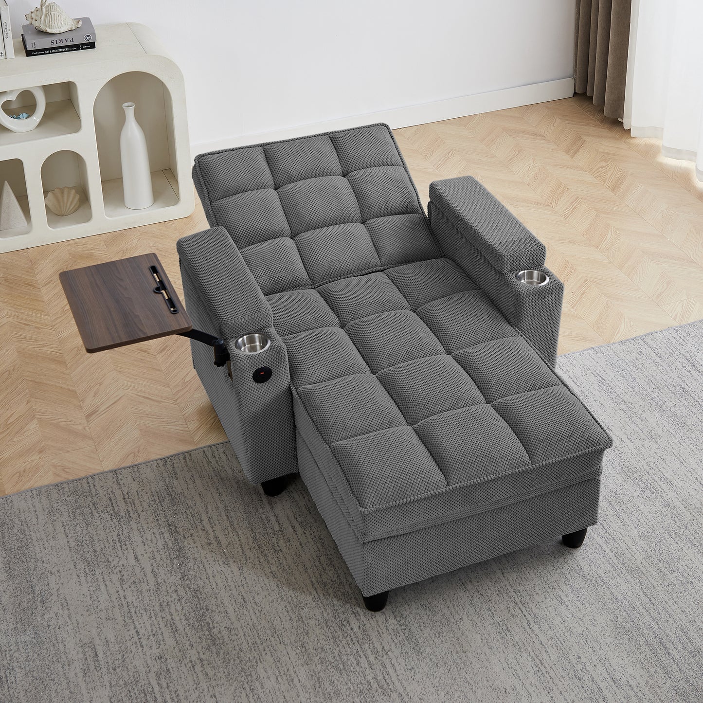 Dark Grey Chaise Lounge Sofa,Sleeper Chair Bed with 6-Position Adjustable Backrest,USB Ports, Cup Holder and Swivel Side Table image 4