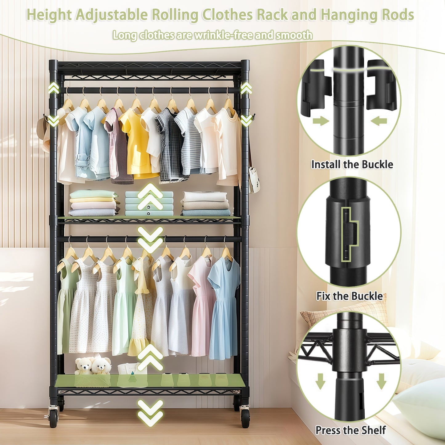 Rolling Clothes Rack, Heavy Duty Clothes Rack with Wheels, 3 Tiers Adjustable Wire Shelving Clothes Rack with 2 Clothes Rails and Side Hooks, Portable Closet Organizer, 35.43''×17.13D''×70.87''H,Black image 4