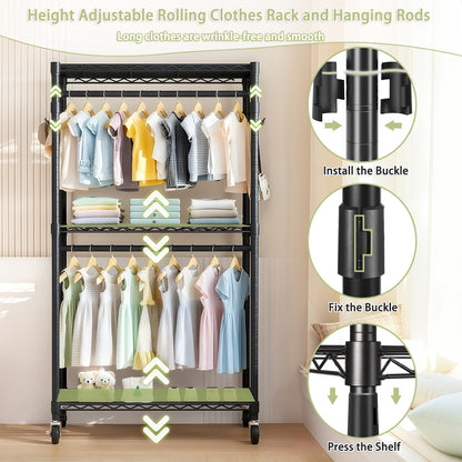 Rolling Clothes Rack, Heavy Duty Clothes Rack with Wheels, 3 Tiers Adjustable Wire Shelving Clothes Rack with 2 Clothes Rails and Side Hooks, Portable Closet Organizer, 35.43''×17.13D''×70.87''H,Black image 4