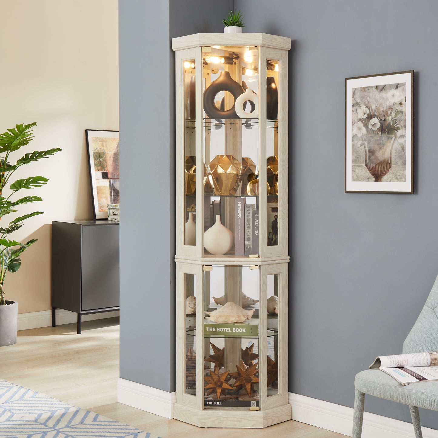 Corner Glass Cabinet Lighted Curio Cabinet Corner Display Case for Living Room, Curio Cabinet, Antique collection, Wine,Bar Glass Storage Light Included, Antique White image 1
