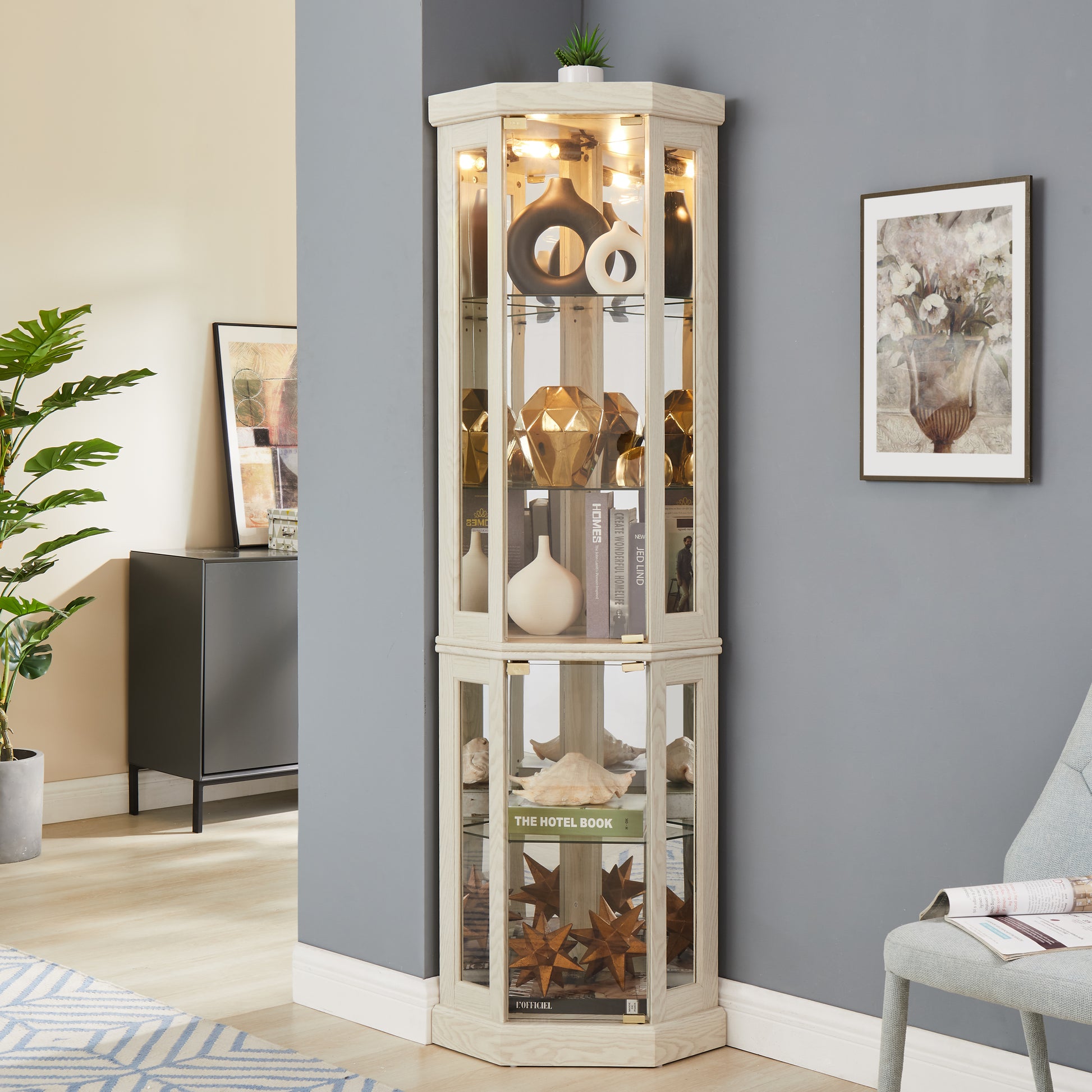 Corner Glass Cabinet Lighted Curio Cabinet Corner Display Case for Living Room, Curio Cabinet, Antique collection, Wine,Bar Glass Storage Light Included, Antique White image 1