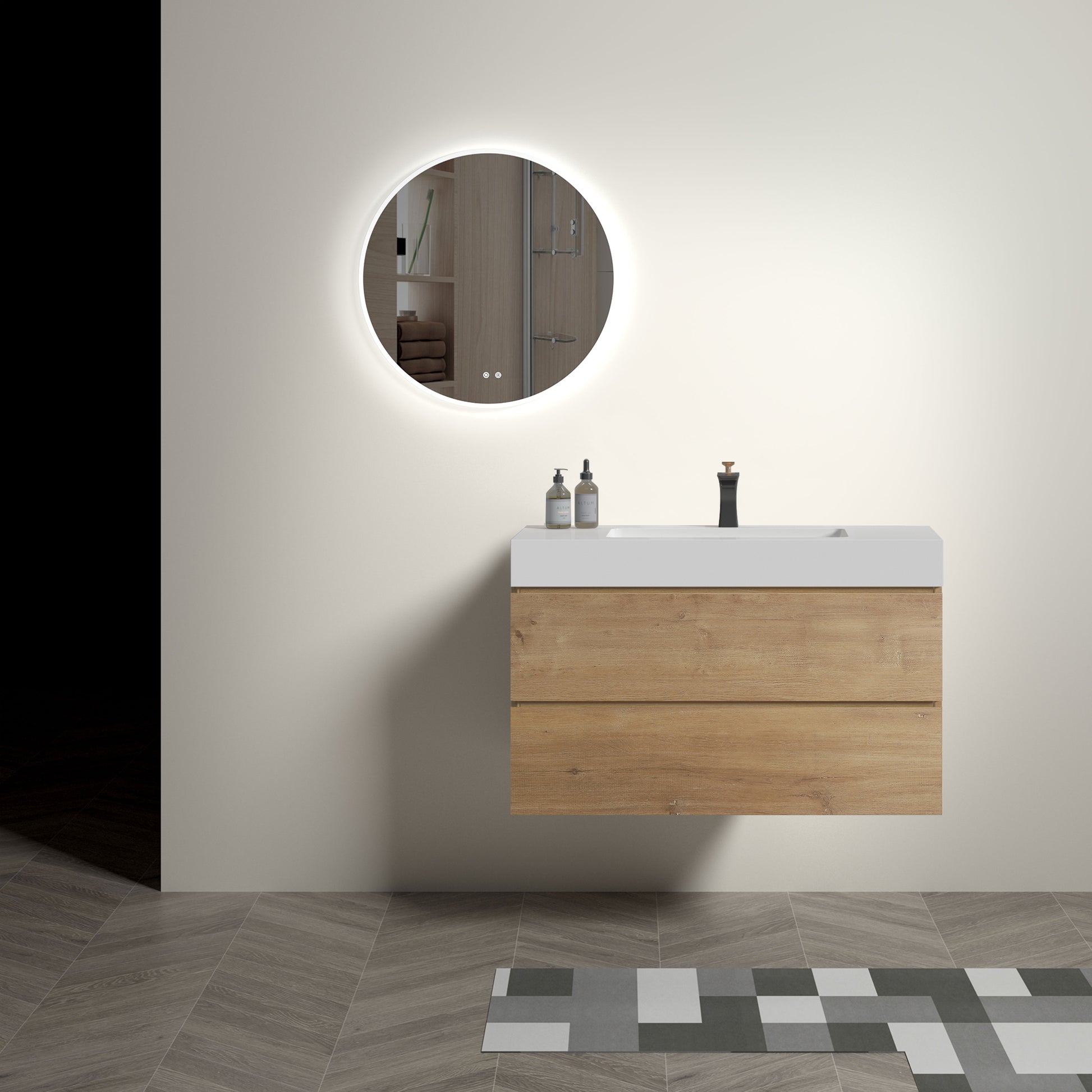 Alice 36" Oak Bathroom Vanity with Black Sink, Large Storage Wall Mounted Floating Bathroom Vanity for Modern Bathroom, One-Piece White Sink Basin without Drain, Pre-assembled image 2
