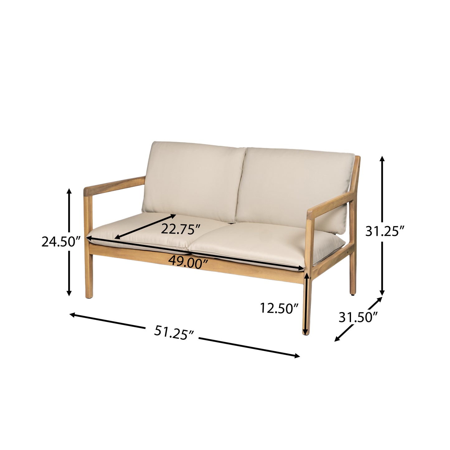 Outdoor Acacia Wood Loveseat with Coffee Table, Light Teak Frame, Beige Cushion image 5
