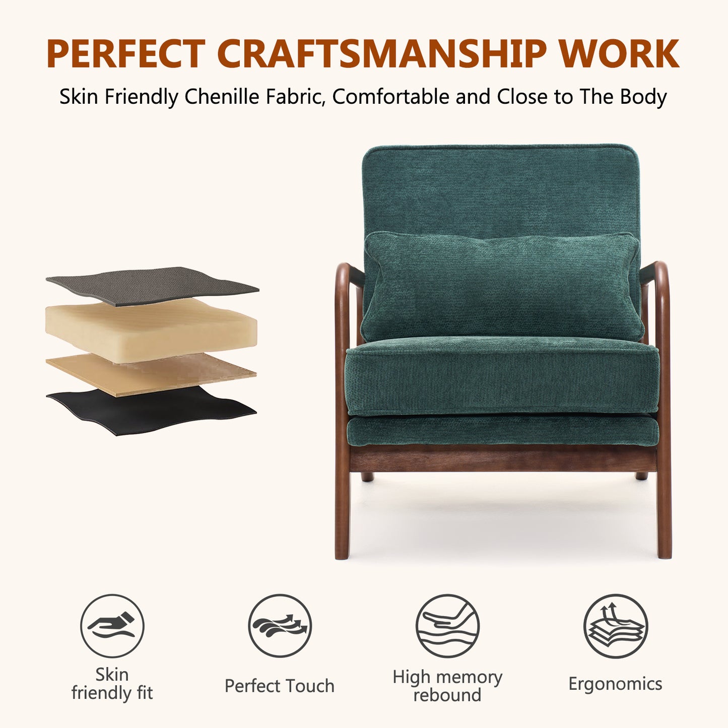 Mid-Century Modern Lounge Chair Single, Upholstered Living Room Chair with Curved Wood Armrests and Lumbar Cushion,Accent Chair for Living Room, Bedroom, Indoor, Dark Green image 4