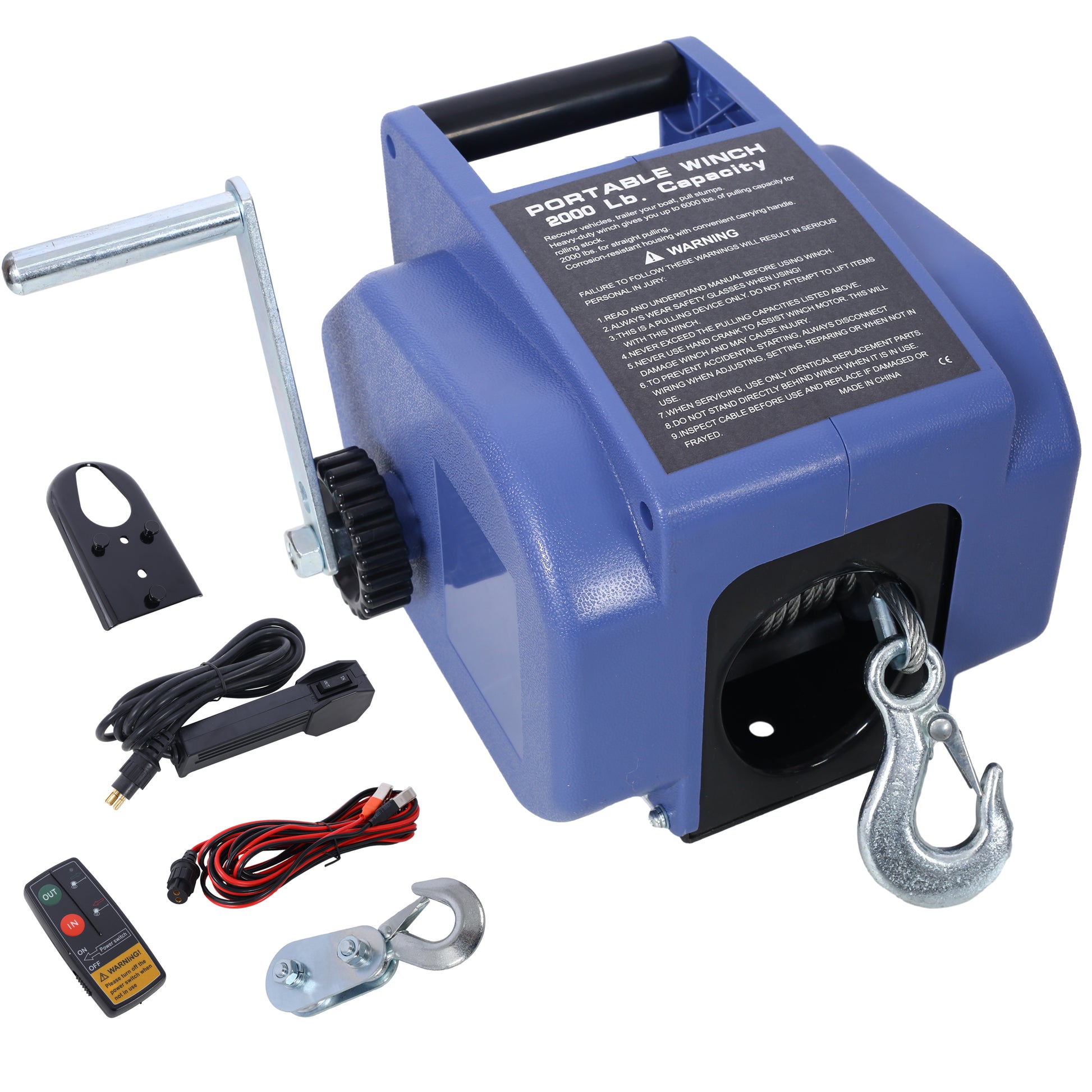 12v 2000lbs Trailer Winch,Reversible Electric Winch,for Boats up to 5000 lbs,Galvanized Wire Rope,with extra pulley hook, Rapid Mount, wirelss remote control,power in and power out.blue plastic casing image 1