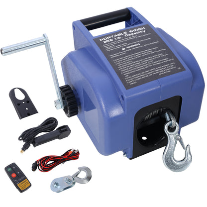 12v 2000lbs Trailer Winch,Reversible Electric Winch,for Boats up to 5000 lbs,Galvanized Wire Rope,with extra pulley hook, Rapid Mount, wirelss remote control,power in and power out.blue plastic casing image 1