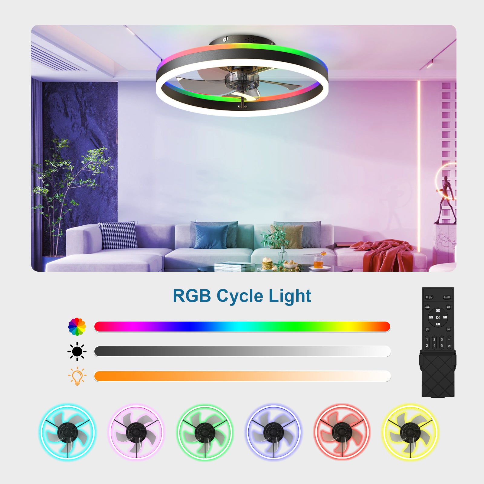 19.7" RGB Flush Mount Ceiling Fan with Light, 6-Speed Reversible Low Profile Fan with Remote & APP for Bedroom, Black image 3