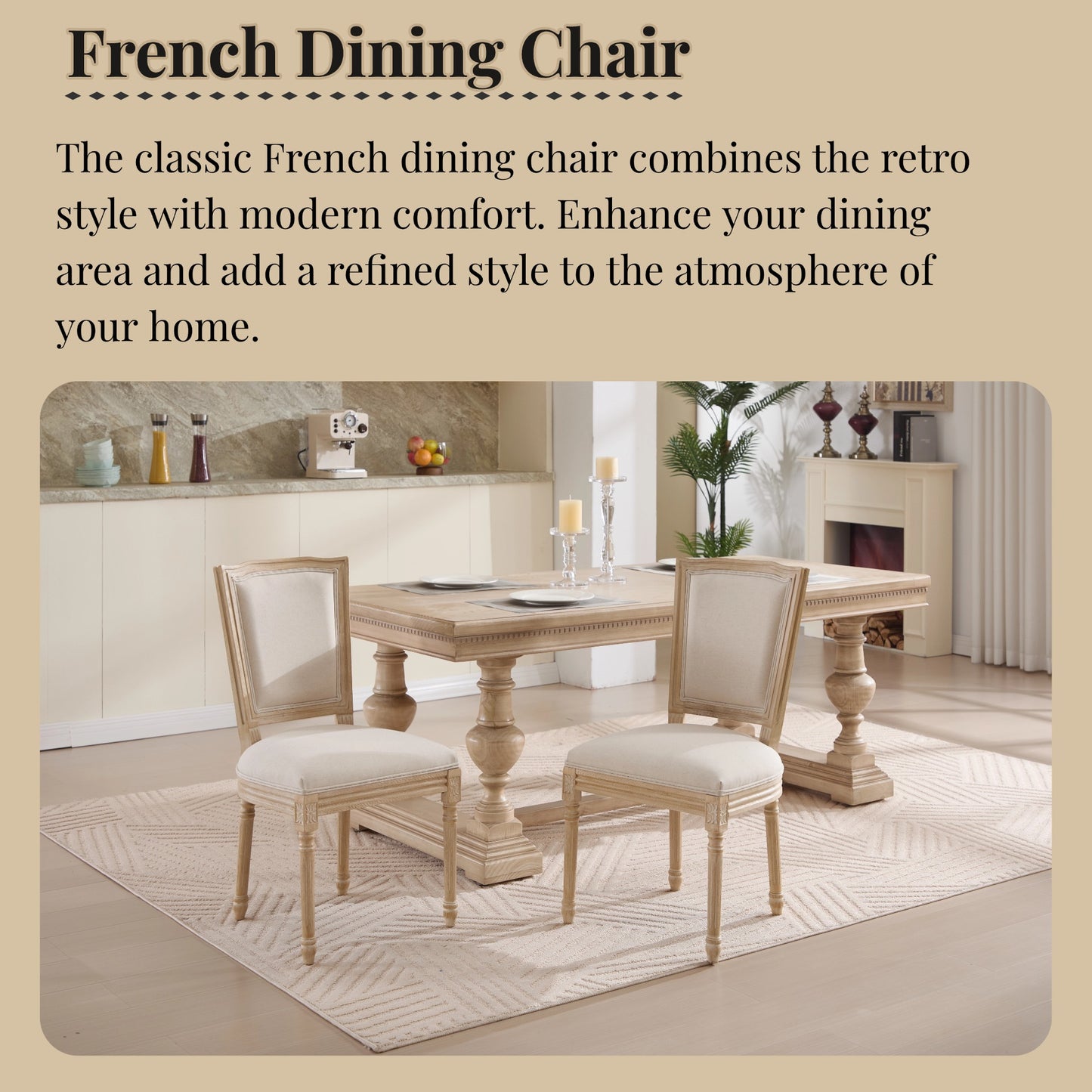 French Country Dining Chairs Set of 2, Upholstered Chairs with T-shaped Back, Wire drawing and carving techniques,Disassemblable, for Living Room, Kitchen, Restaurant Use, Beige image 3