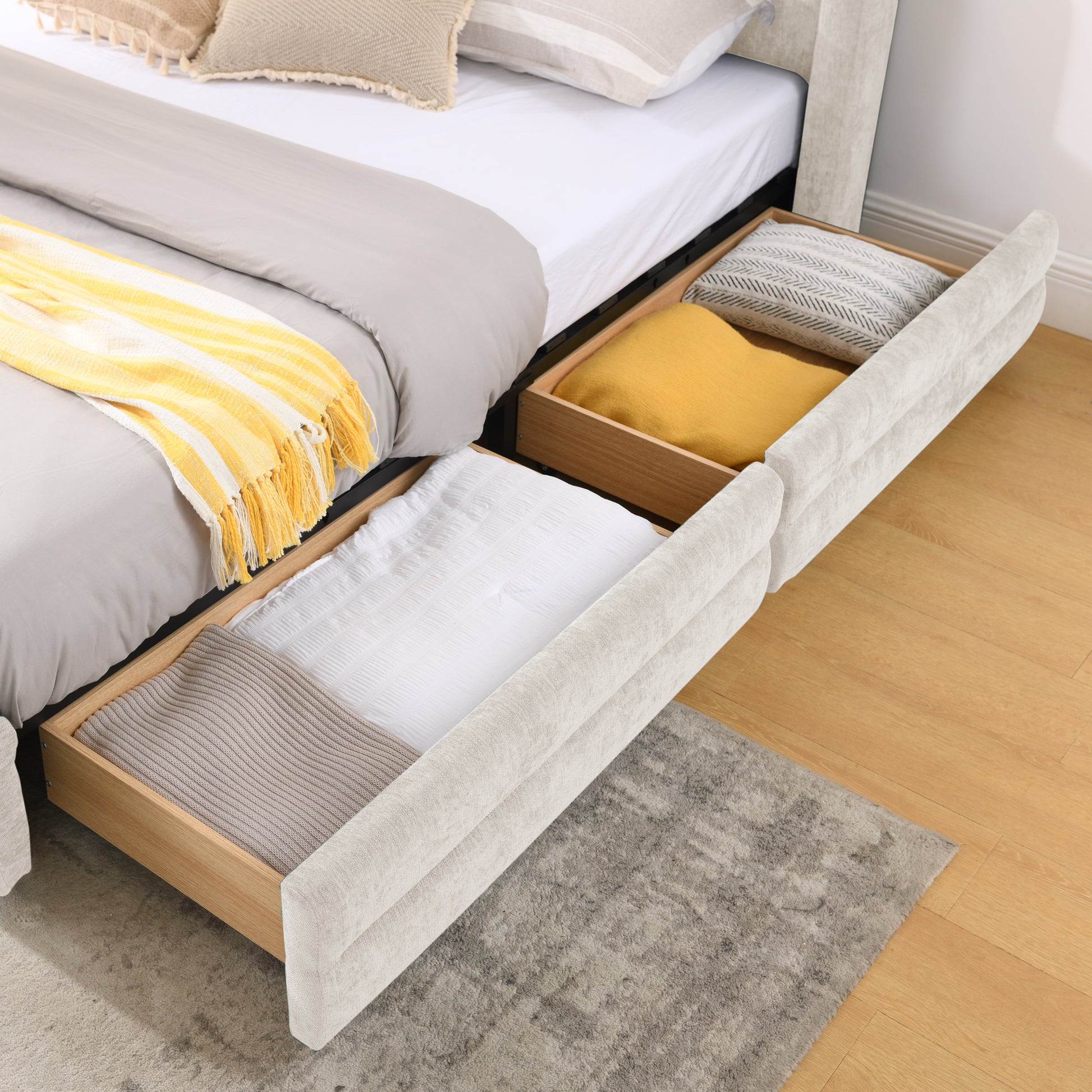 King Size Upholstered Bed Frame with Thick Fabric, comfortable upholstered bed frame, Chenille fabric, with headboard and solid bed frame. With drawer for storage-Beige(86.5''*84''*29.5'') image 8