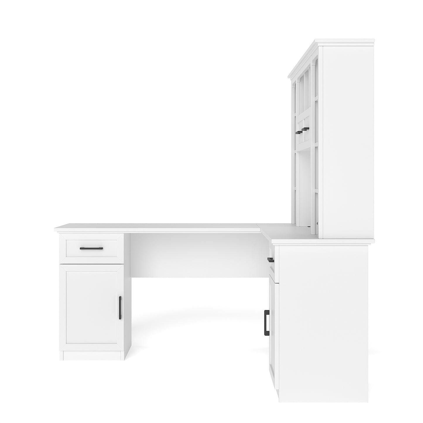 L-Shaped Computer Desk with 2 Cabinets and 2 Drawers, 11 Open Shelves and 1 Right Flip Shelf with Storage, with Power Outlet, for Study, Living Room and Office, White image 7