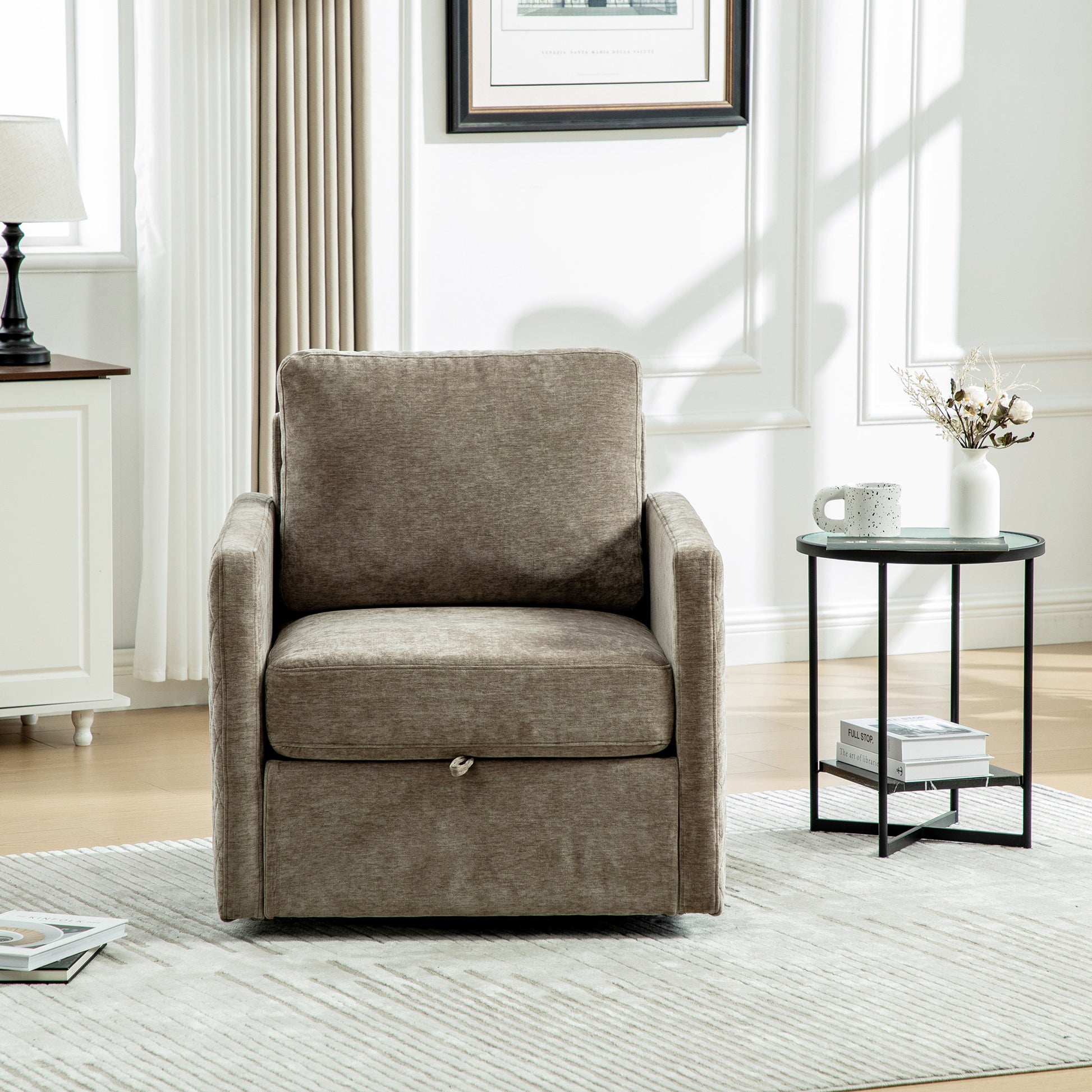 29.5''W Upholstered 360° Swivel Armchair with Hidden Storage, Comfy Diamond-Shape Tufted Armrests Accent Square Club Chair Single Sofa with Pillow for Living Room, Bedroom,Reading Nook,Corner, Taupe image 4