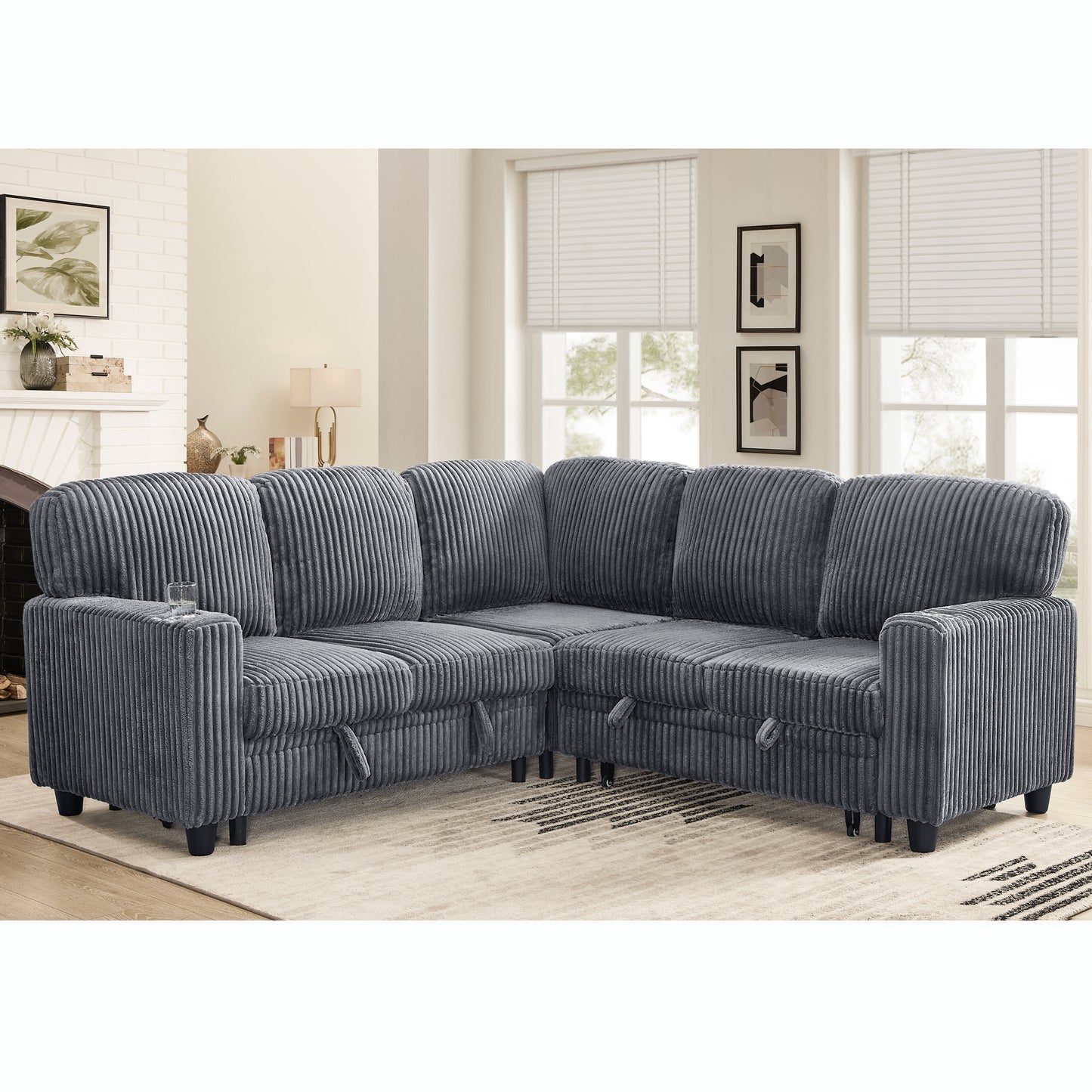 L-Shaped Sectional Sofa Bed with Pull-Out Bed & Storage, 5-Seat Sleeper Couch with USB Charging, Convertible Design for Living Room, Apartment, Corduroy Fabric, Grey image 2