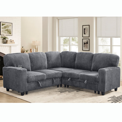 L-Shaped Sectional Sofa Bed with Pull-Out Bed & Storage, 5-Seat Sleeper Couch with USB Charging, Convertible Design for Living Room, Apartment, Corduroy Fabric, Grey image 2