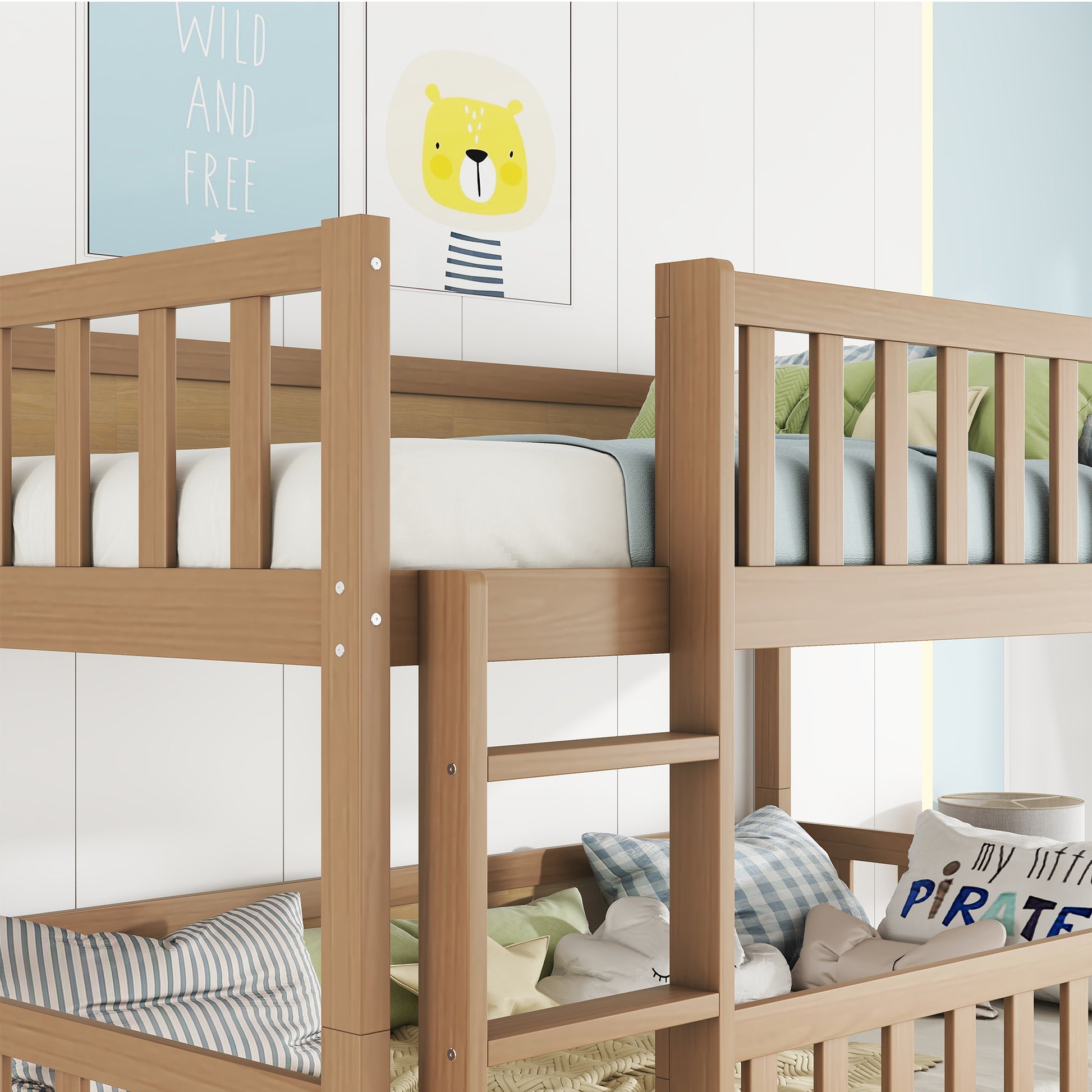 Twin Size Triple Rubber Wood Bunk Bed, with Ladders, Guardrails Detachable Bunk Bed, Twin over Twin over Twin,Natural image 9