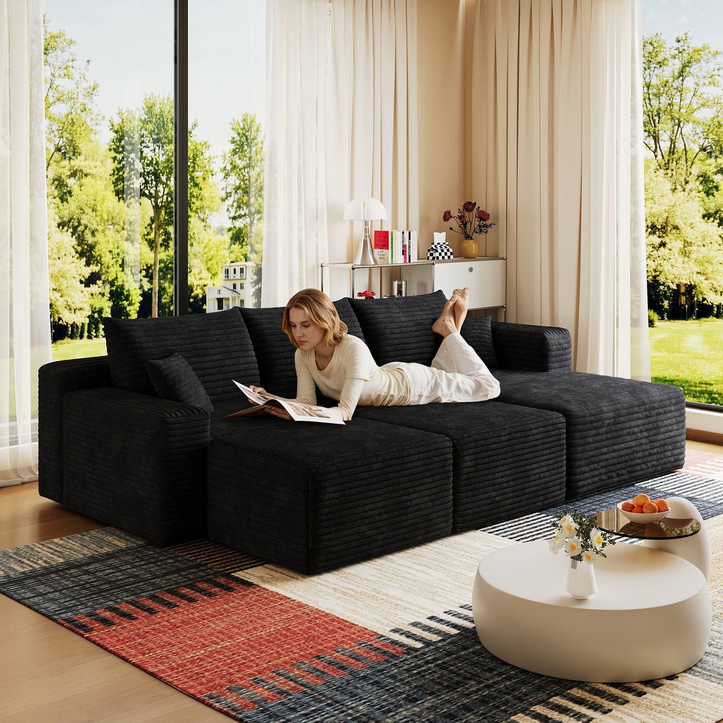 95" Cloud Sectional Sofa with 2 Ottoman,Modern Minimalist Upholstered Couches, Comfort U Shaped Sofa for Living Room,Deep Seat Corner Couch,No Assembly Required,Black (Plush Corduroy Fabric) image 1
