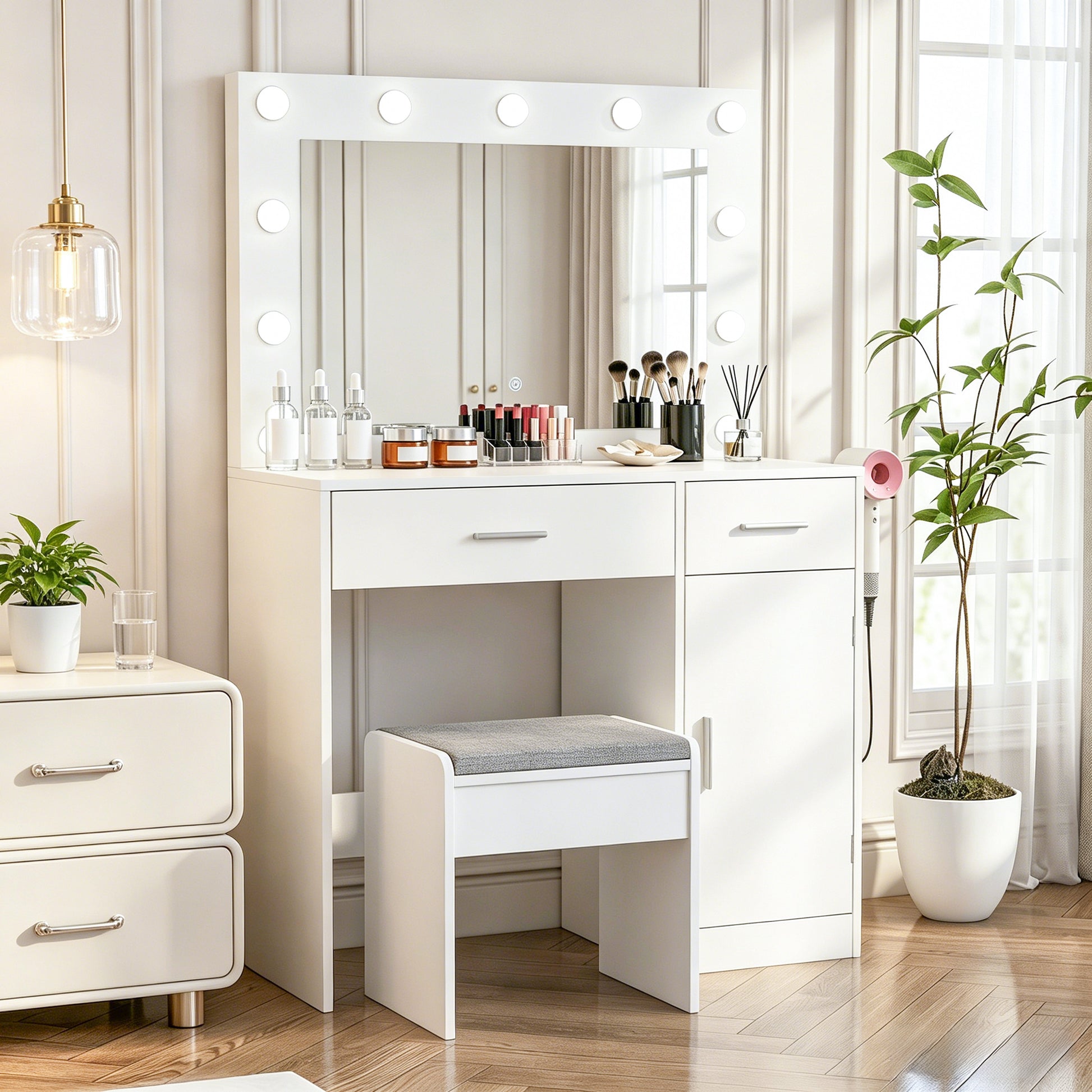 Vanity Desk with Mirror, Large Drawer and Power Socket with 11 Light Bulbs and 3 Adjustable Lighting Modes, Vanity Table Ideal for Bedroom (White) image 4