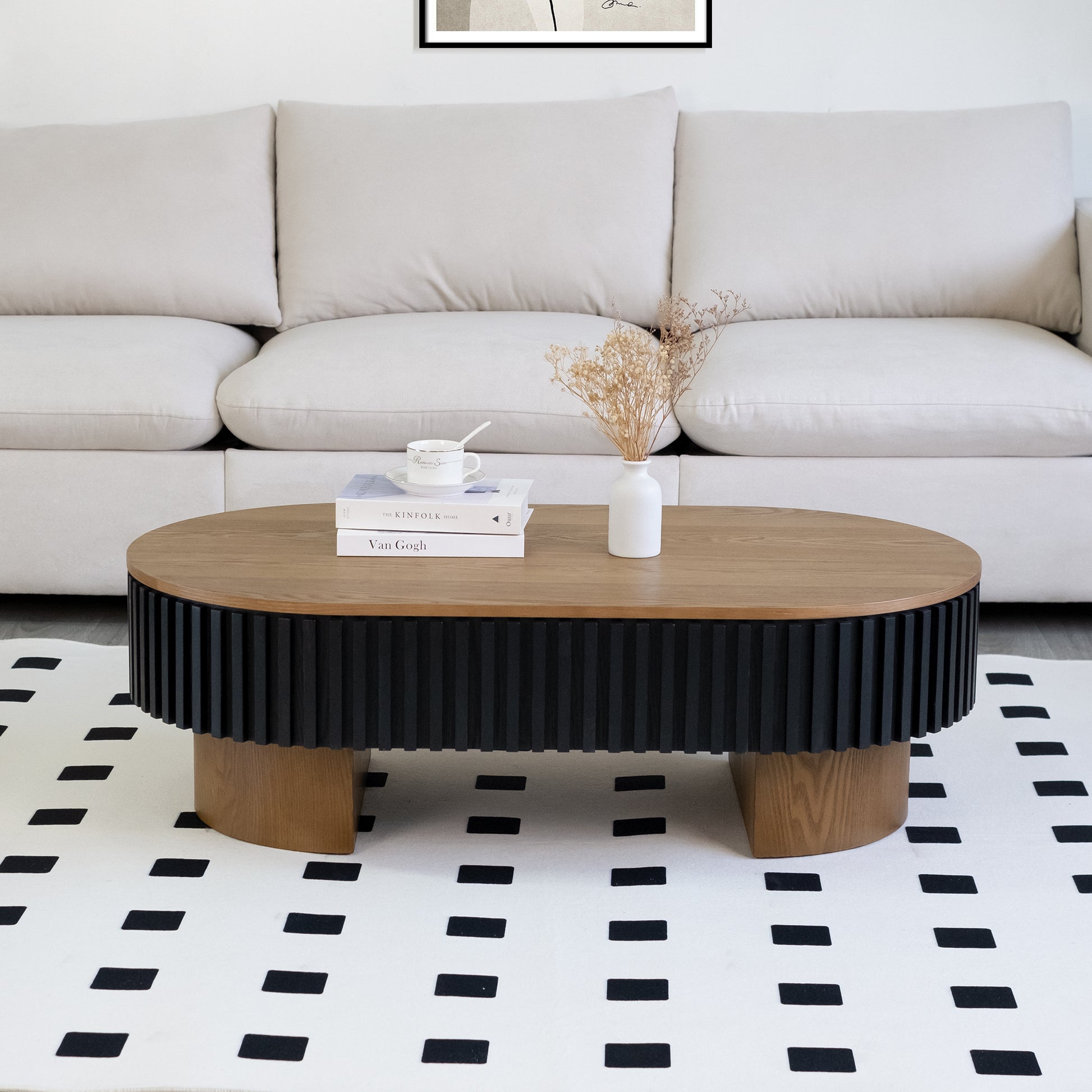 43.7" Oval Coffee Table With Hidden Storage,Fluted Modern Minimalist Wood Coffee Table for Living Room, Oval Center Table, Walnut + Black. image 5