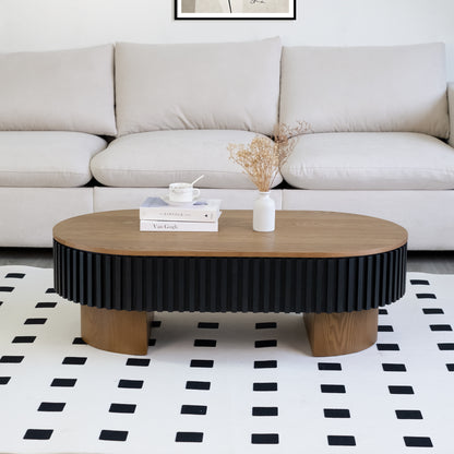 43.7" Oval Coffee Table With Hidden Storage,Fluted Modern Minimalist Wood Coffee Table for Living Room, Oval Center Table, Walnut + Black. image 5