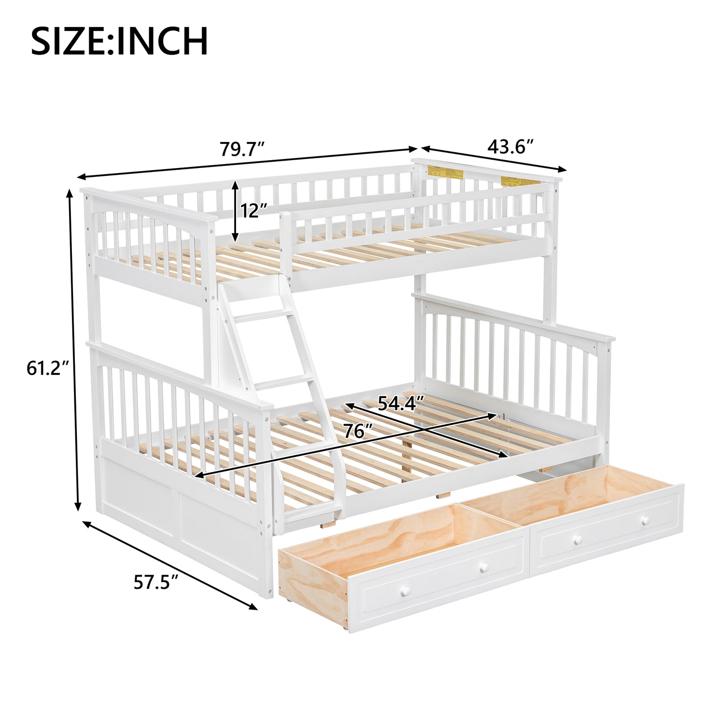 Twin over Full Bunk Bed with Drawers, Convertible Beds, White image 9