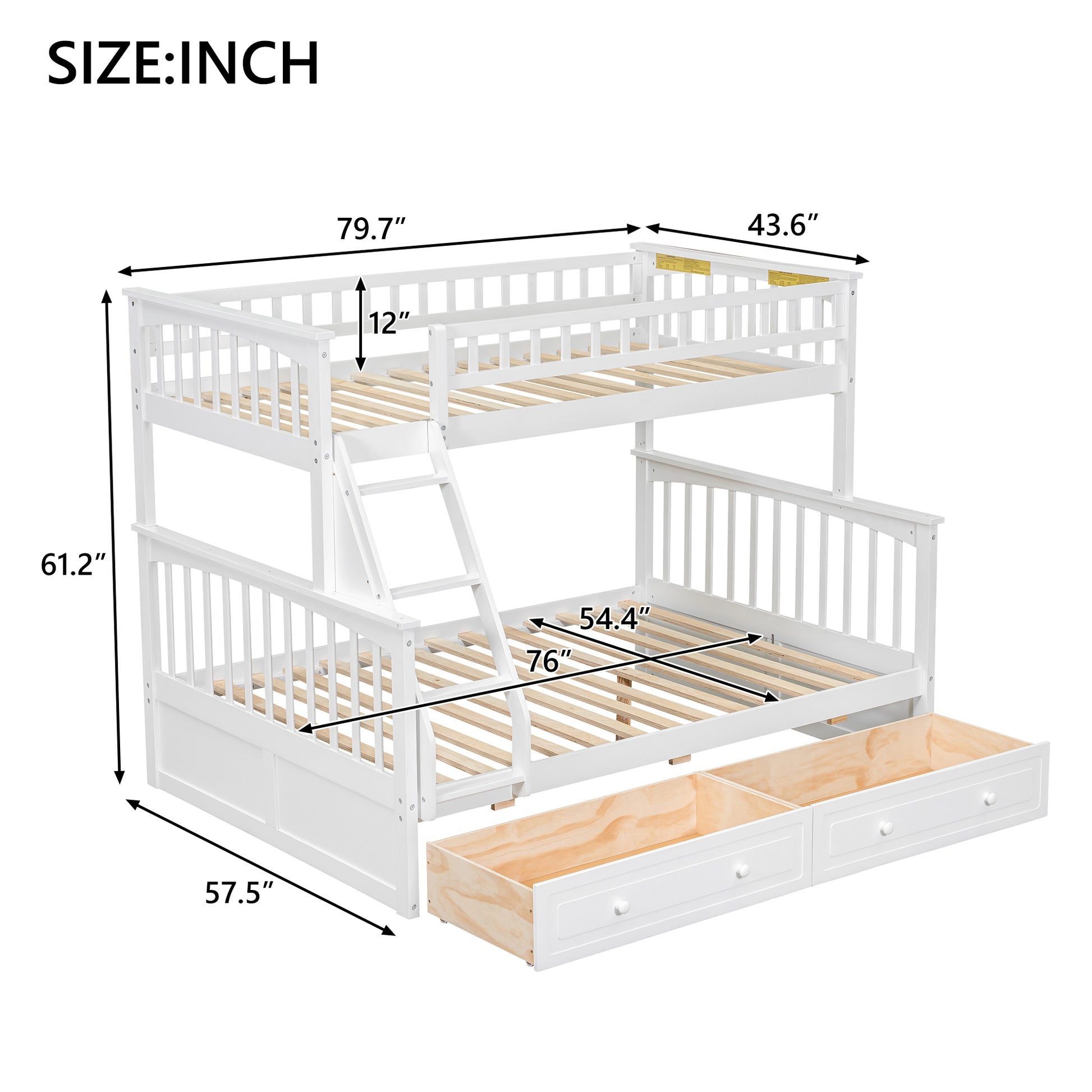 Twin over Full Bunk Bed with Drawers, Convertible Beds, White image 9