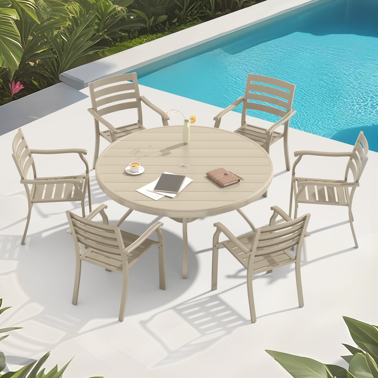 Outdoor Round Patio Dining Table for 6-7, All Weather Metal Dining Table with Umbrella Hole for Deck Lawn Garden Backyard, Sandstone Color image 8