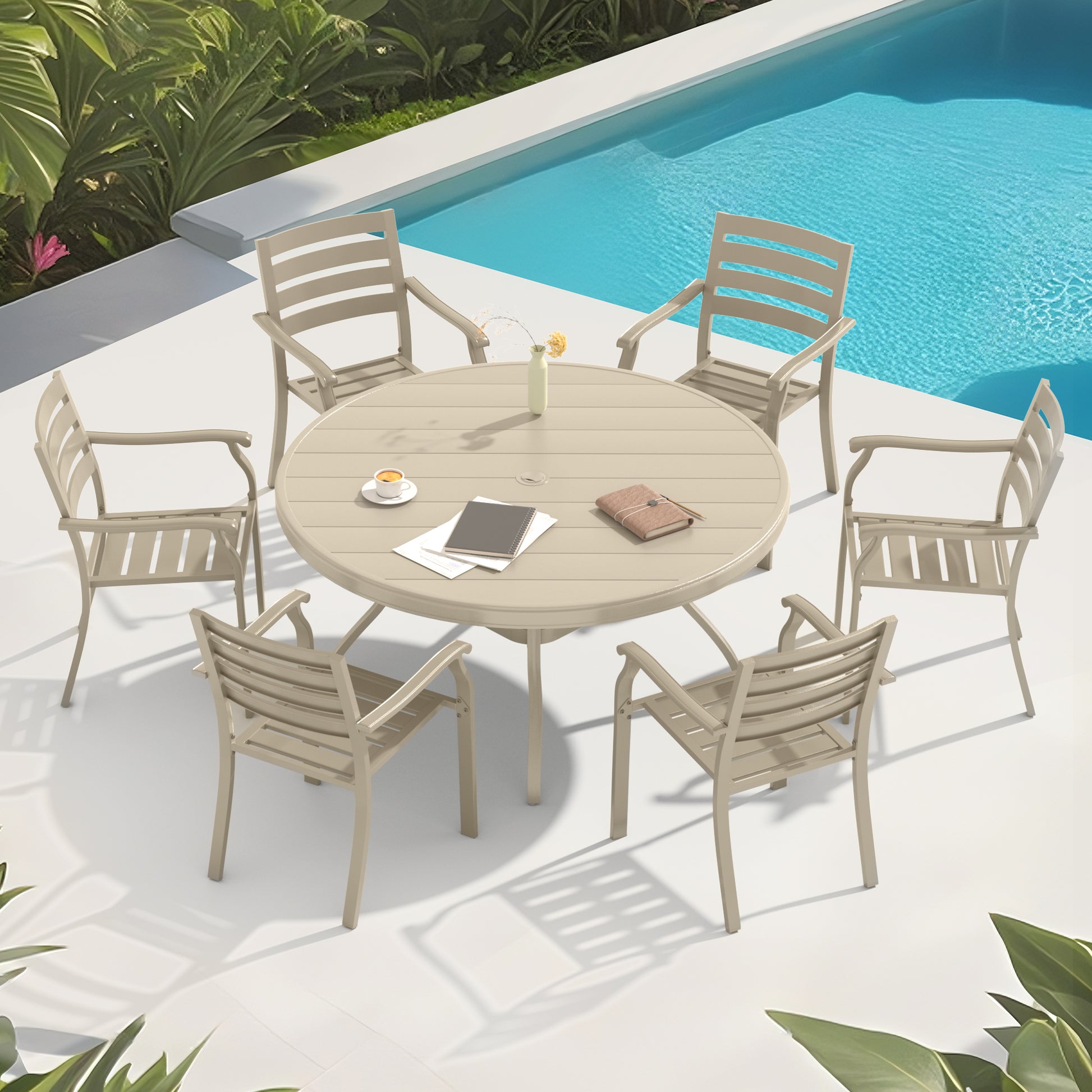 Outdoor Round Patio Dining Table for 6-7, All Weather Metal Dining Table with Umbrella Hole for Deck Lawn Garden Backyard, Sandstone Color image 8