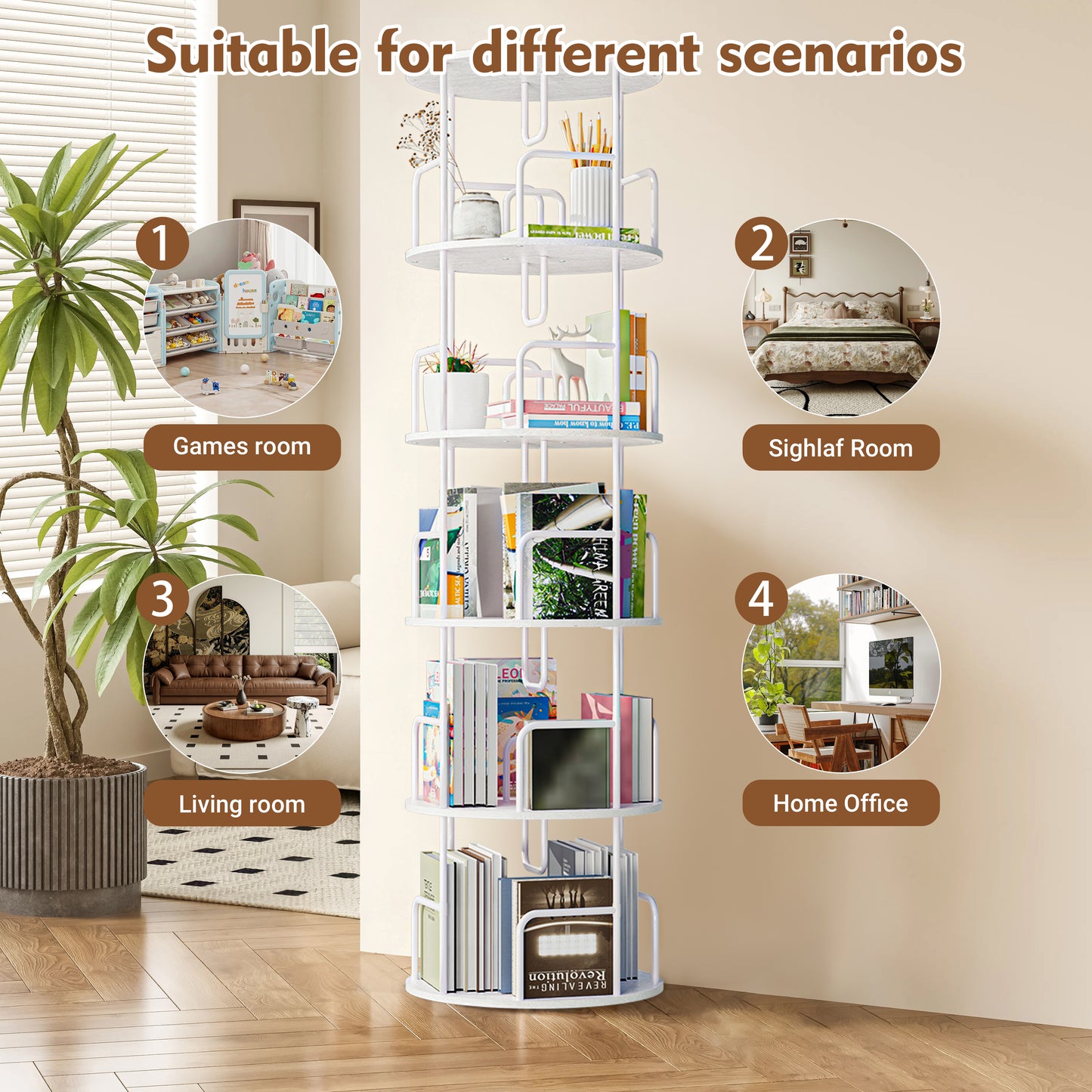 Rotating Bookshelf Tower 5 Tier,Spinning Bookcase, Revolving 360 Book Shelf Narrow Tall Bookcase, Vertical Turning Round storage Bookshelf,Book Shelf Organizer for Bedroom, Living Room, White image 6