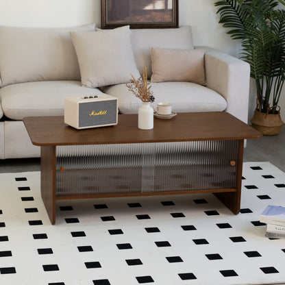 47" Coffee Table With Storage, Rectangular Mid-Century Retro Center Table, Fluted Glass Sliding Doors For Living Room Bedroom Guest Room, Walnut. image 10