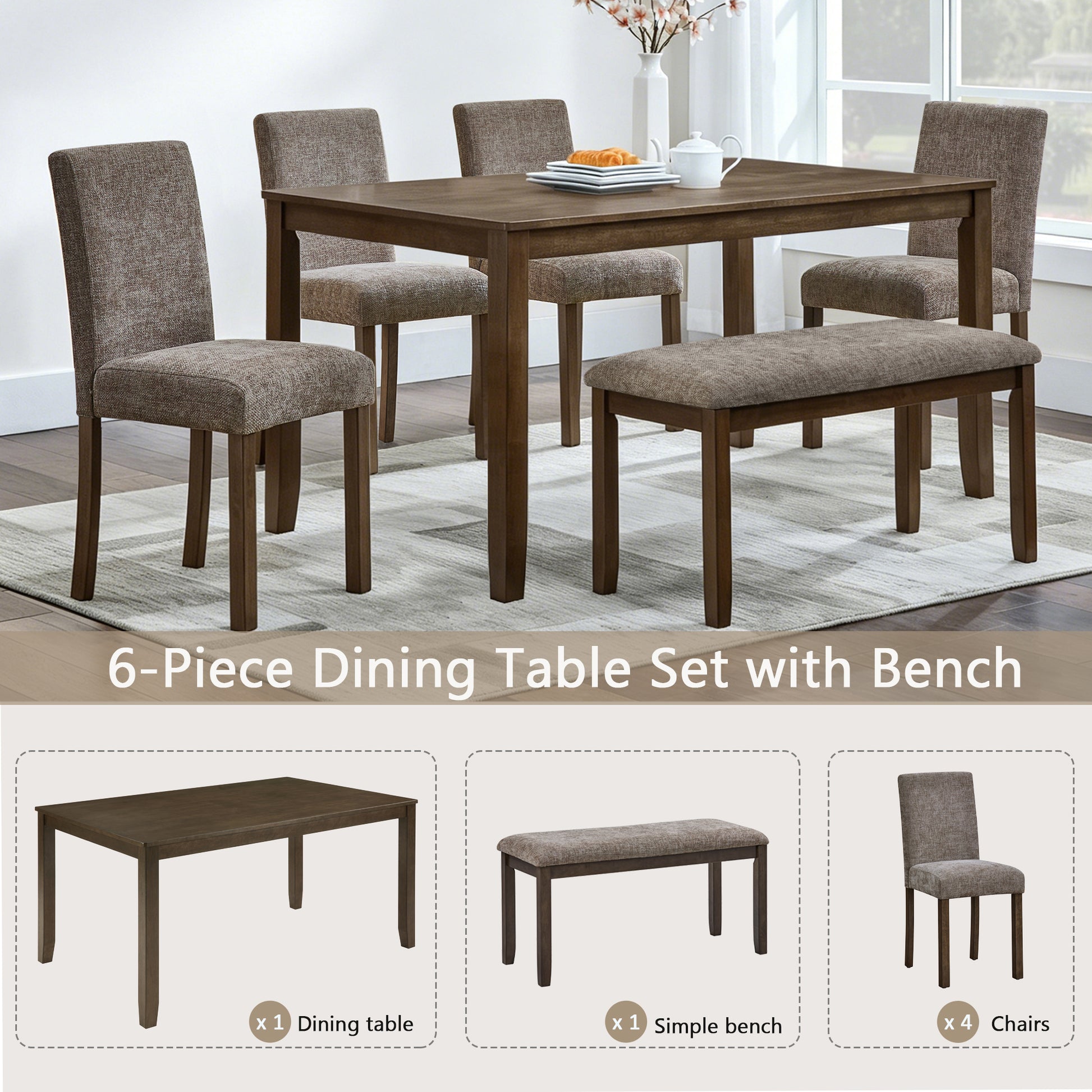 6-Piece Dining Table Set with Bench and Chairs, Wooden dining table set for 6 people, Farmhouse Rustic Style 6 Person Dining Table Set for Dining Room, Kitchen, Walnut image 6