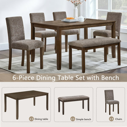 6-Piece Dining Table Set with Bench and Chairs, Wooden dining table set for 6 people, Farmhouse Rustic Style 6 Person Dining Table Set for Dining Room, Kitchen, Walnut image 6