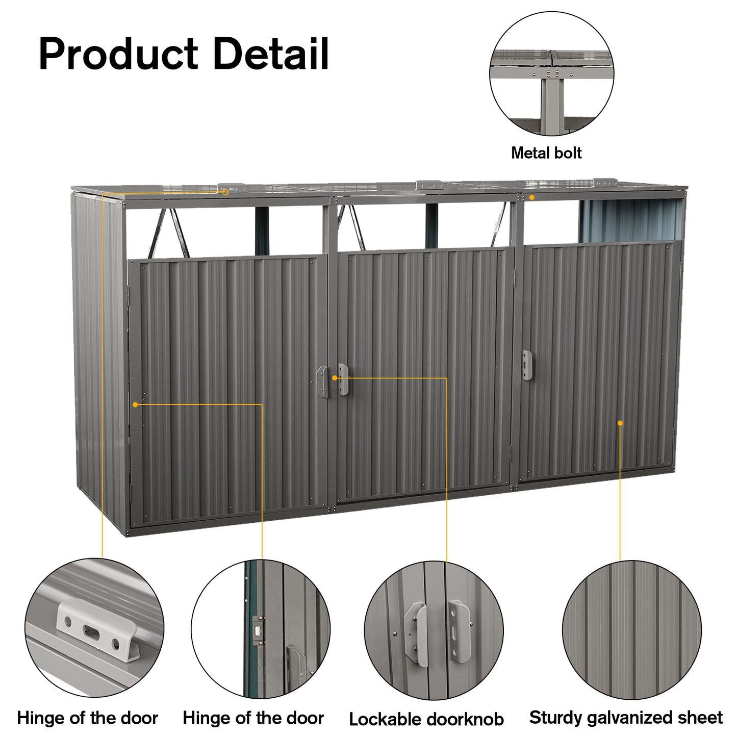 Garbage Bin Shed Stores 3 Trash Cans Metal Outdoor Bin Shed for Garbage Storage,Stainless Galvanized Steel, Bin Shed for Garden Yard Lawn,Grey image 4
