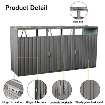 Garbage Bin Shed Stores 3 Trash Cans Metal Outdoor Bin Shed for Garbage Storage,Stainless Galvanized Steel, Bin Shed for Garden Yard Lawn,Grey image 4
