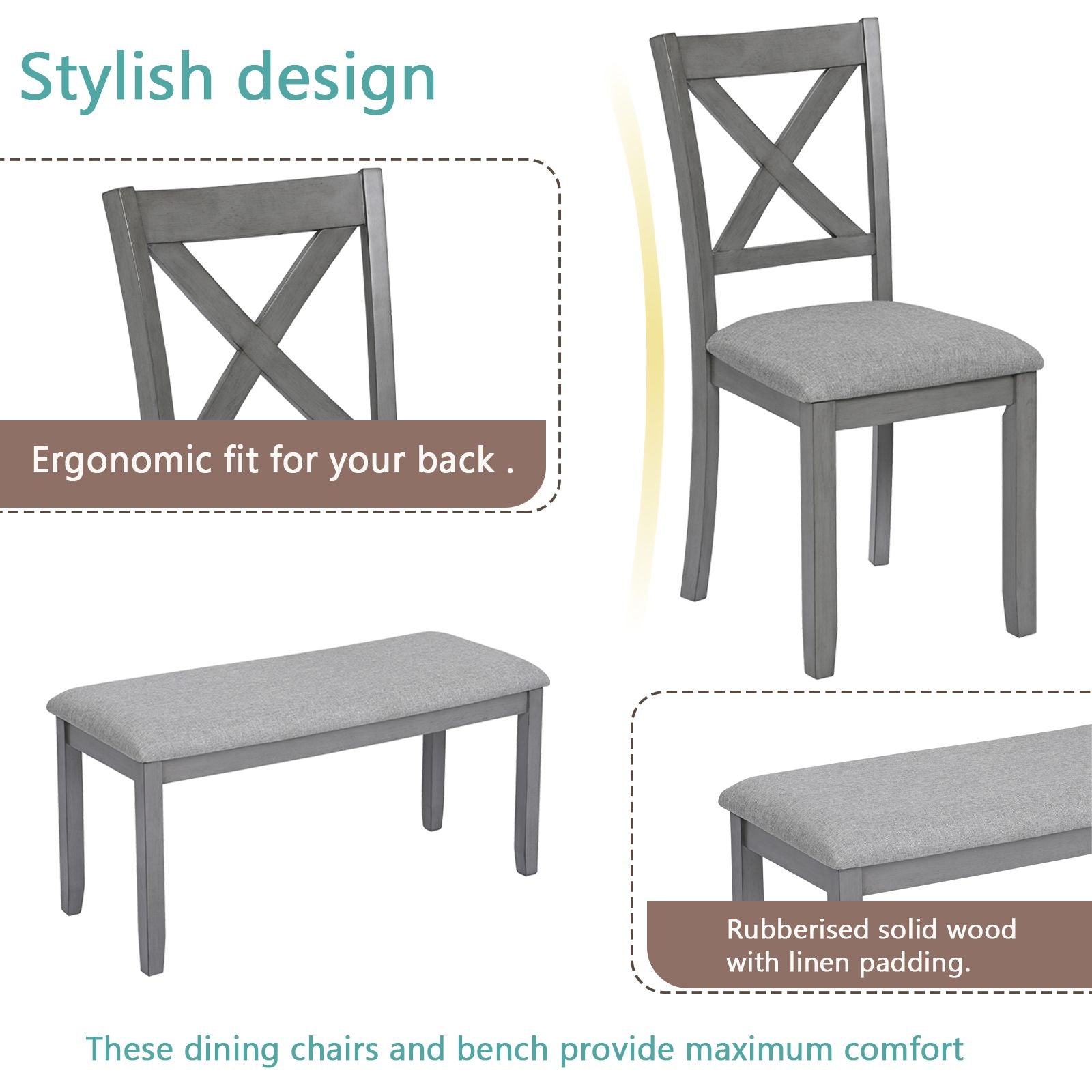 6 Piece Kitchen Dining Set, Rectangular Wooden Dining Table with 4 Upholstered Chairs and a Bench, Dining Table Set for  image 7