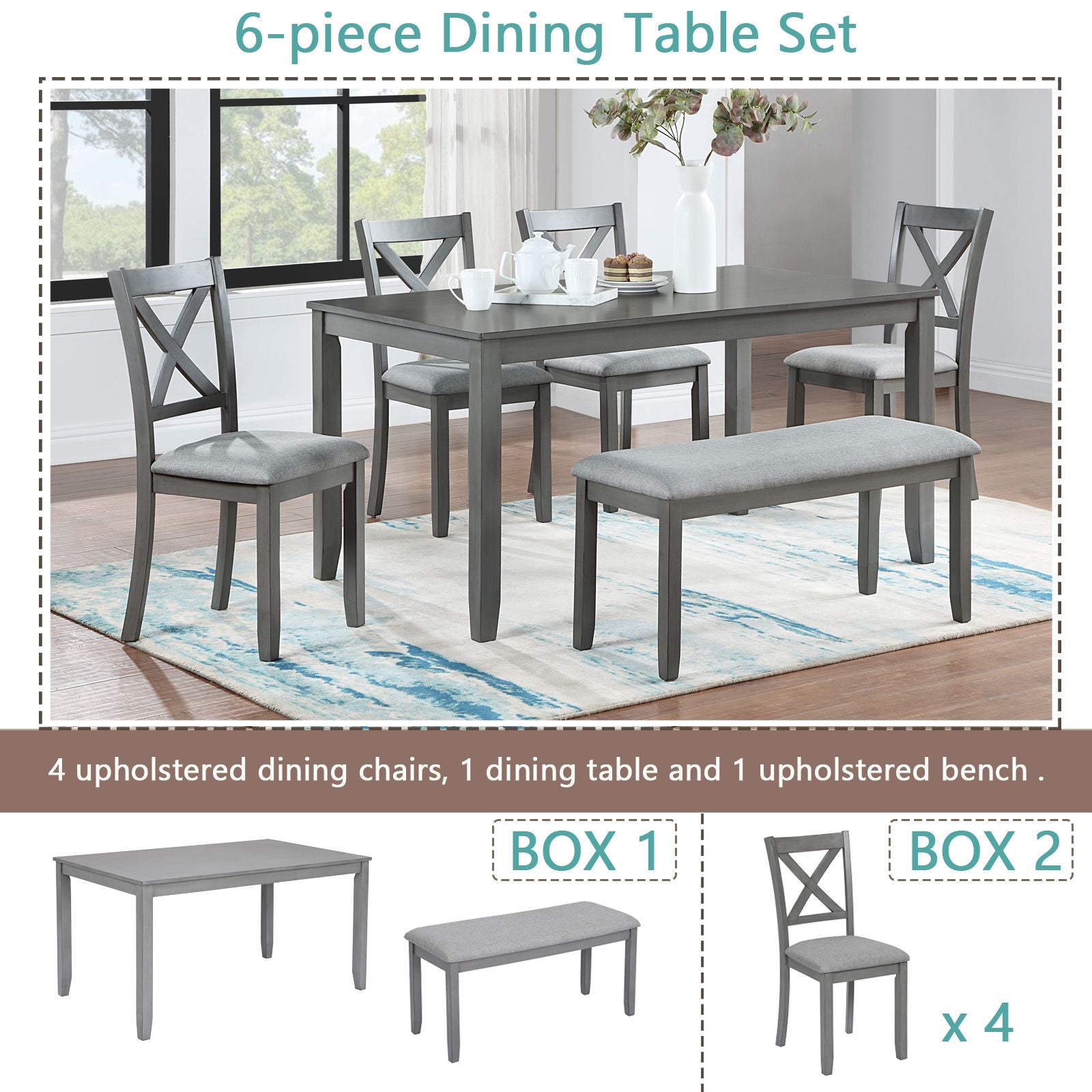 6 Piece Kitchen Dining Set, Rectangular Wooden Dining Table with 4 Upholstered Chairs and a Bench, Dining Table Set for  image 3