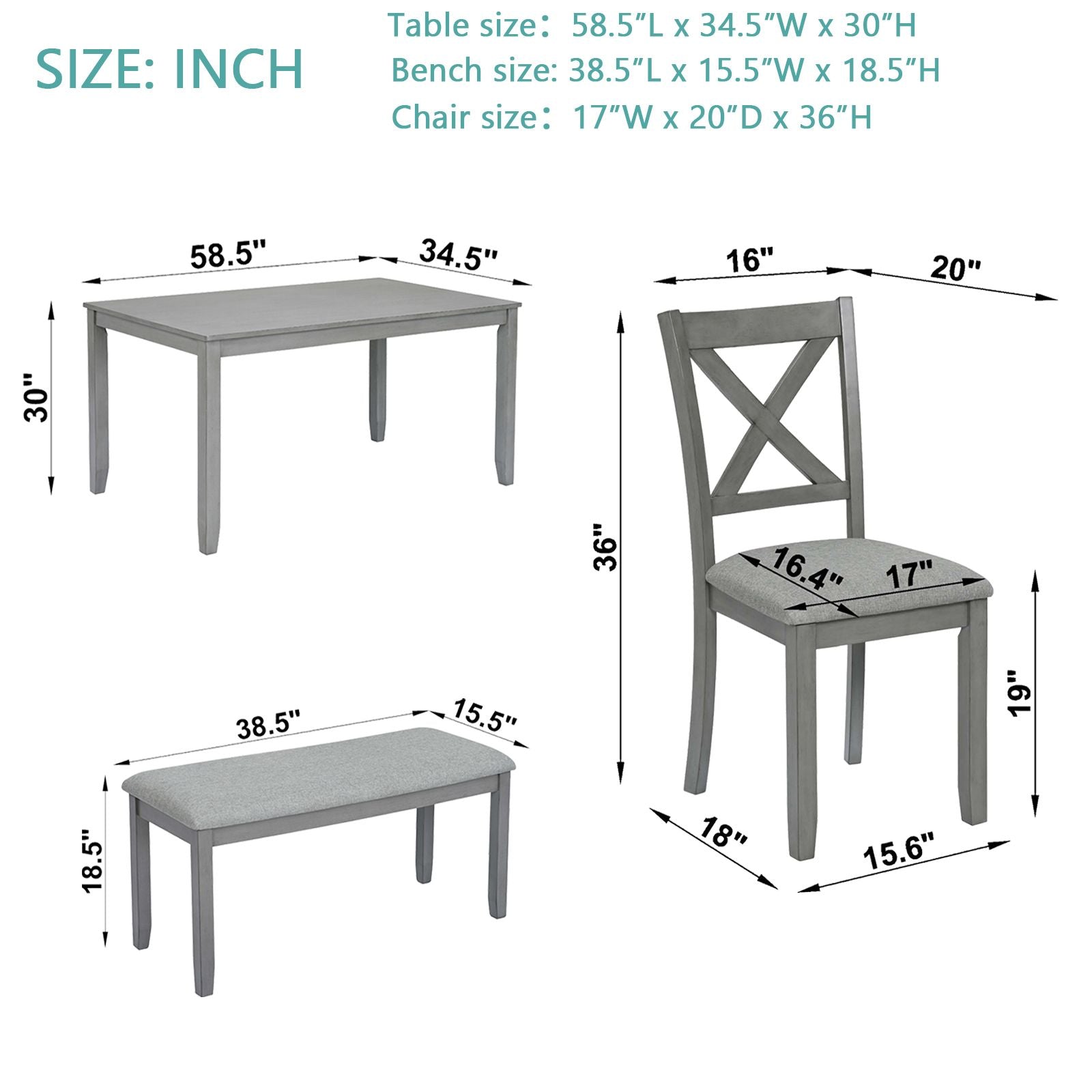 6 Piece Kitchen Dining Set, Rectangular Wooden Dining Table with 4 Upholstered Chairs and a Bench, Dining Table Set for  image 8