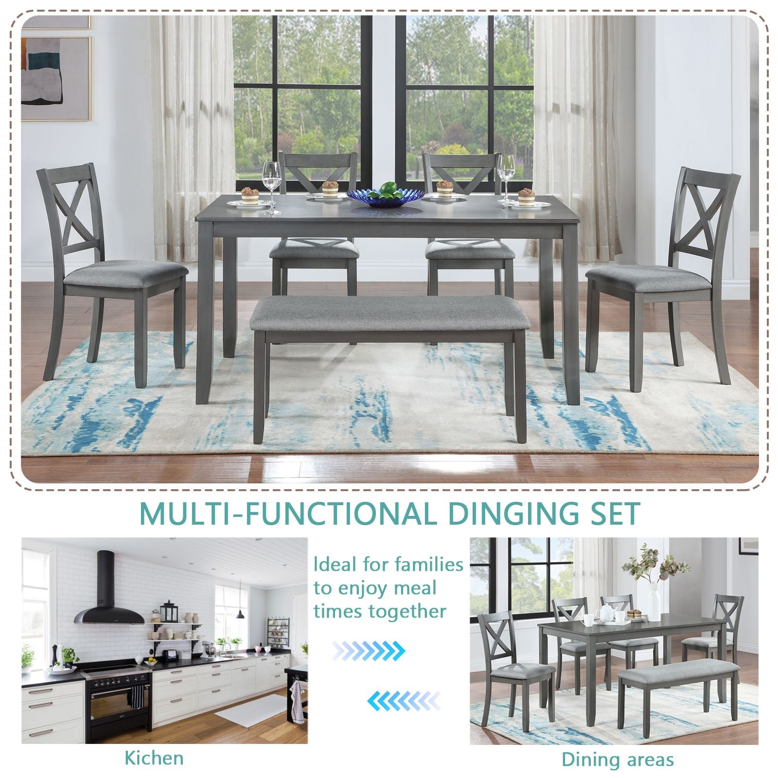 6 Piece Kitchen Dining Set, Rectangular Wooden Dining Table with 4 Upholstered Chairs and a Bench, Dining Table Set for  image 4