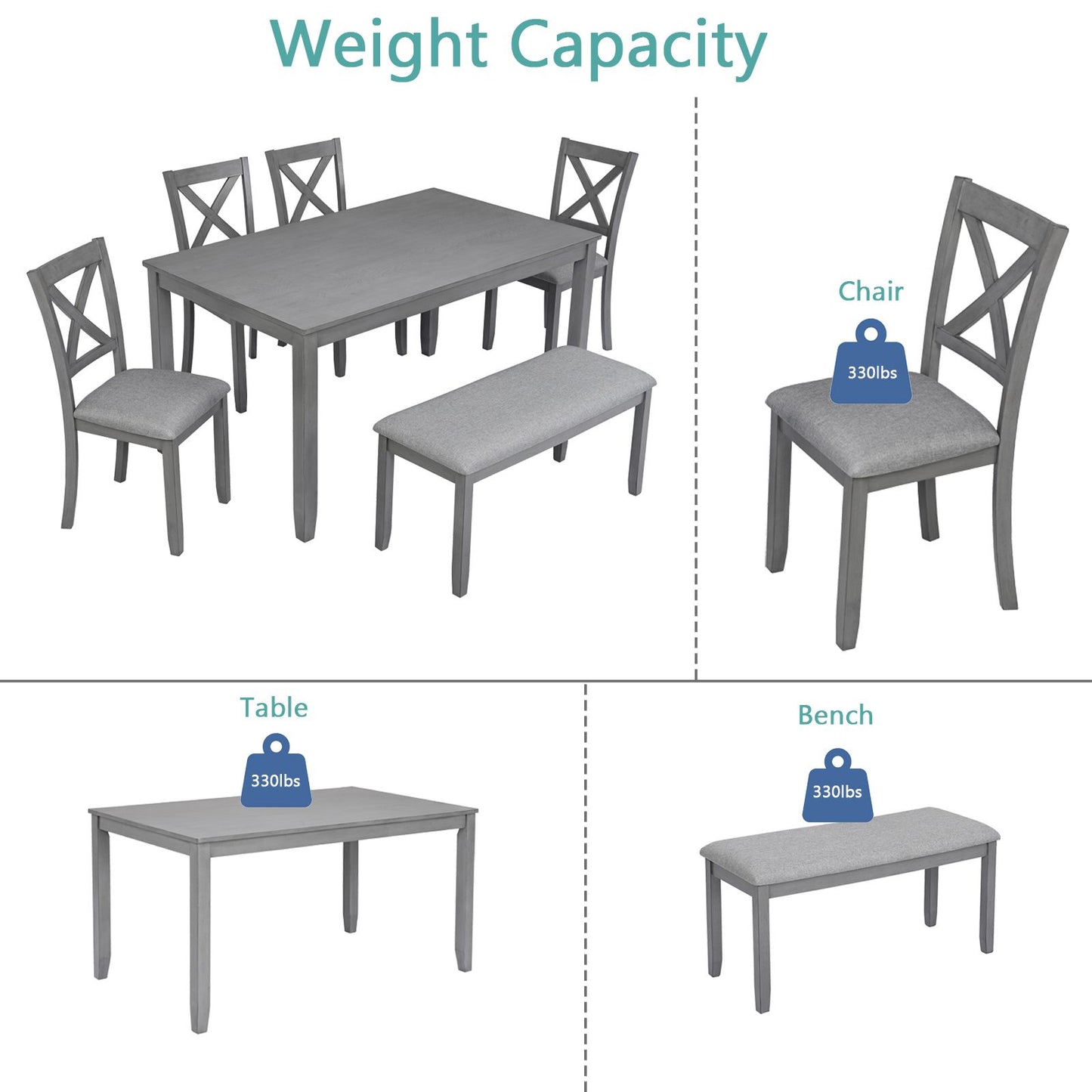 6 Piece Kitchen Dining Set, Rectangular Wooden Dining Table with 4 Upholstered Chairs and a Bench, Dining Table Set for  image 5