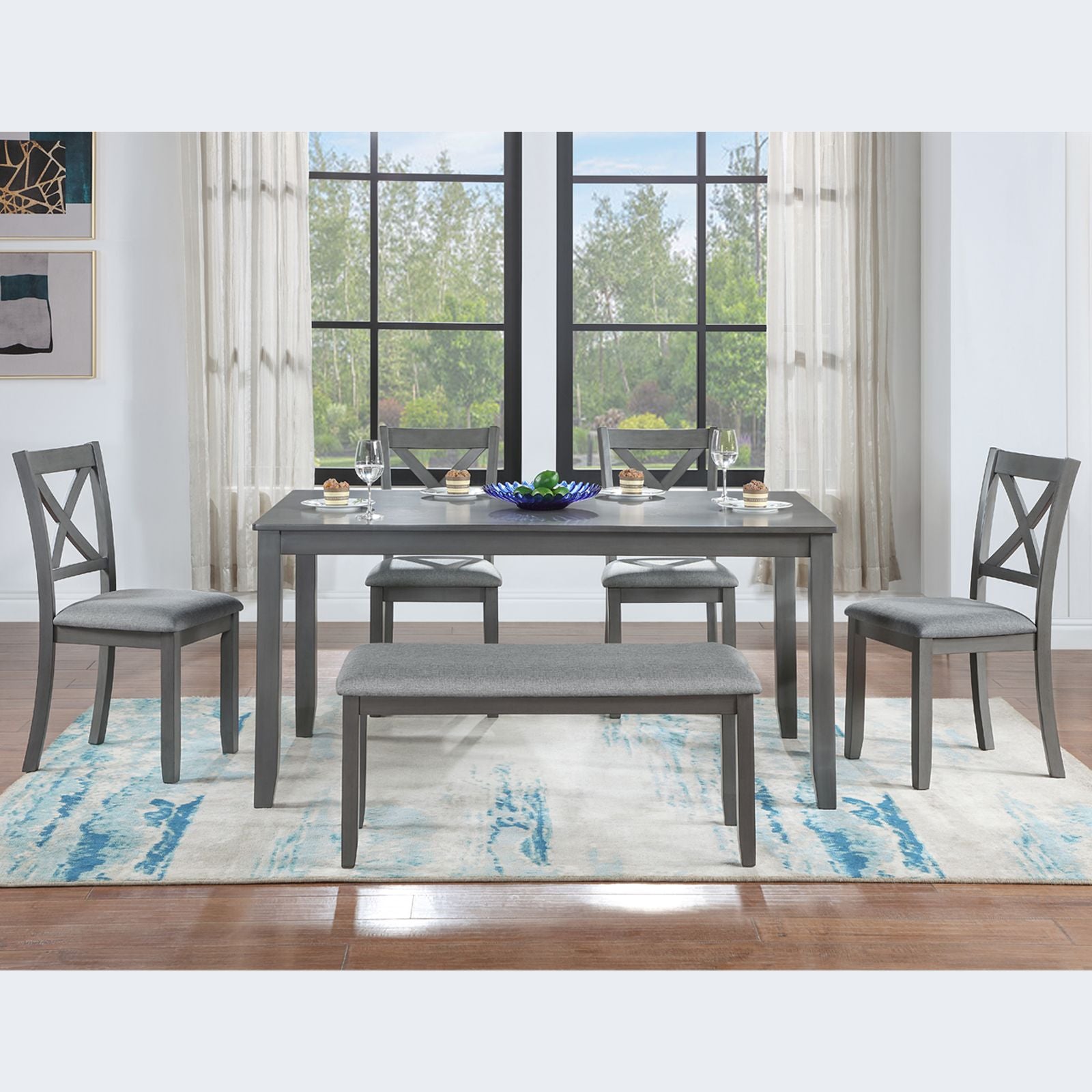 6 Piece Kitchen Dining Set, Rectangular Wooden Dining Table with 4 Upholstered Chairs and a Bench, Dining Table Set for  image 2