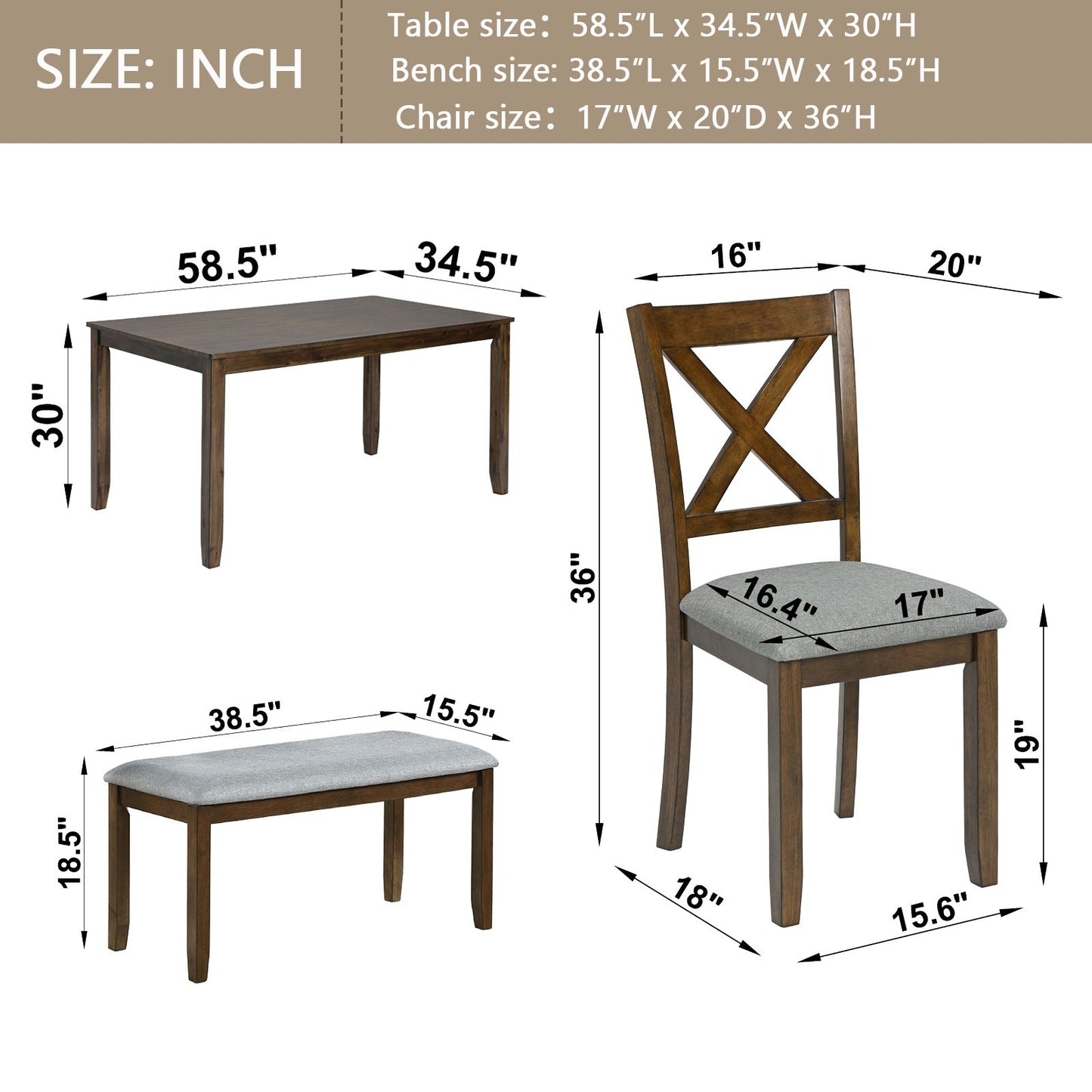 6 Piece Kitchen Dining Set, Rectangular Wooden Dining Table with 4 Upholstered Chairs and a Bench, Dining Table Set for  image 8