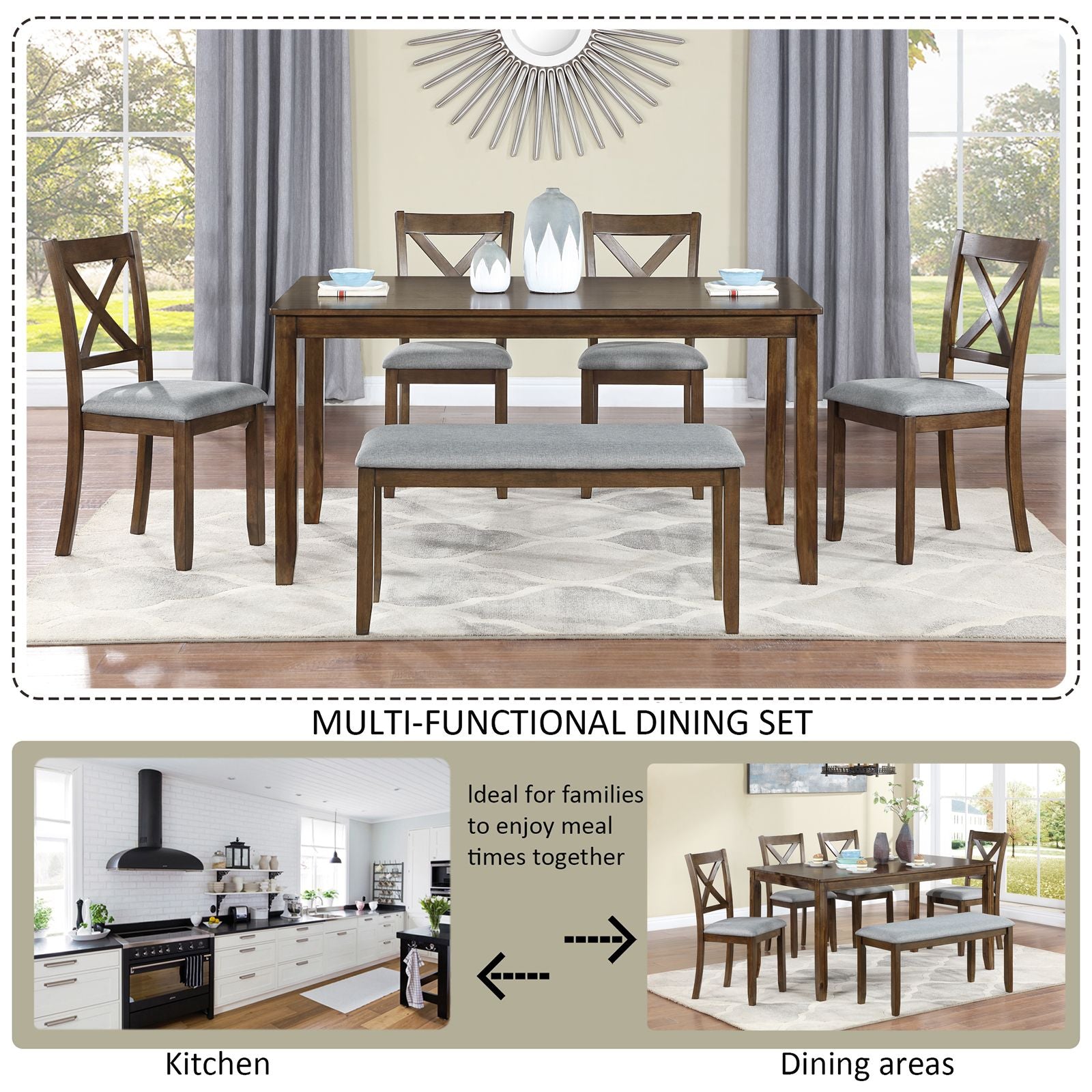 6 Piece Kitchen Dining Set, Rectangular Wooden Dining Table with 4 Upholstered Chairs and a Bench, Dining Table Set for  image 4