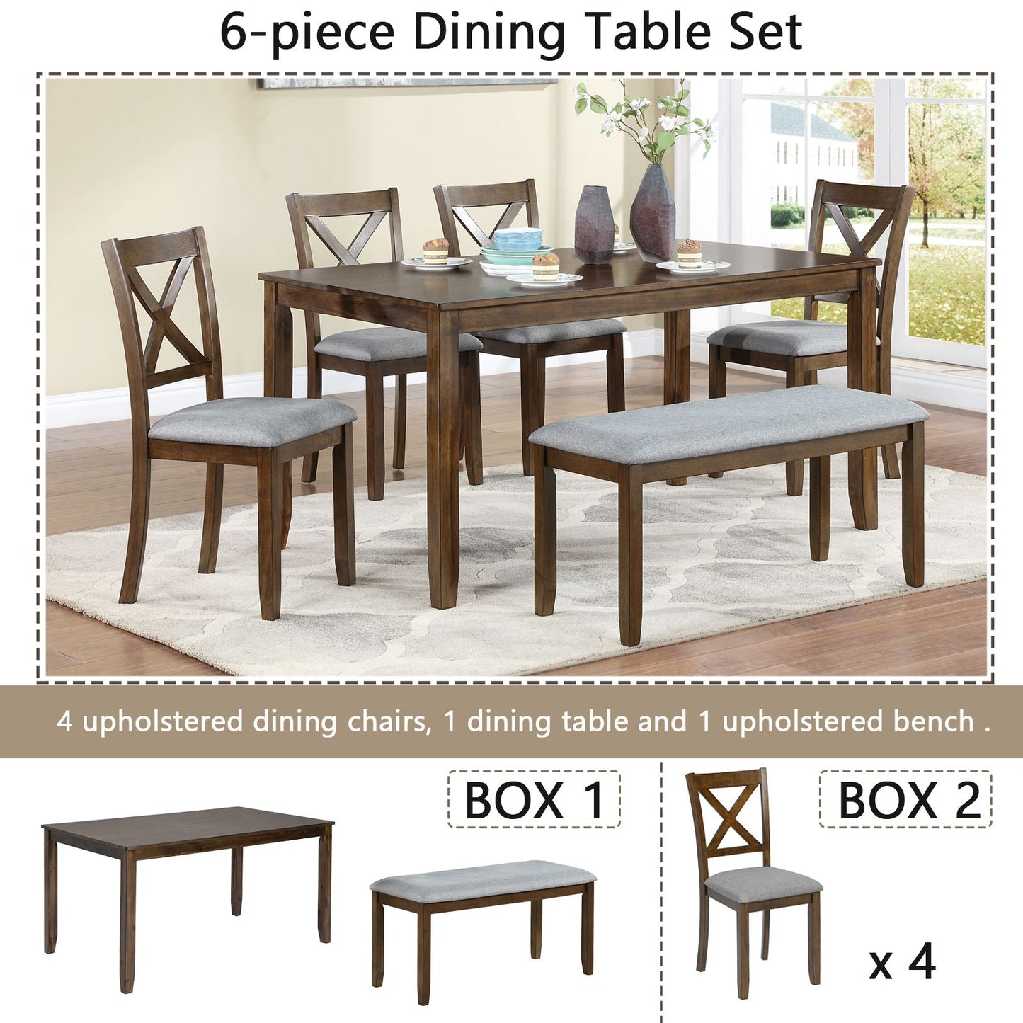 6 Piece Kitchen Dining Set, Rectangular Wooden Dining Table with 4 Upholstered Chairs and a Bench, Dining Table Set for  image 3
