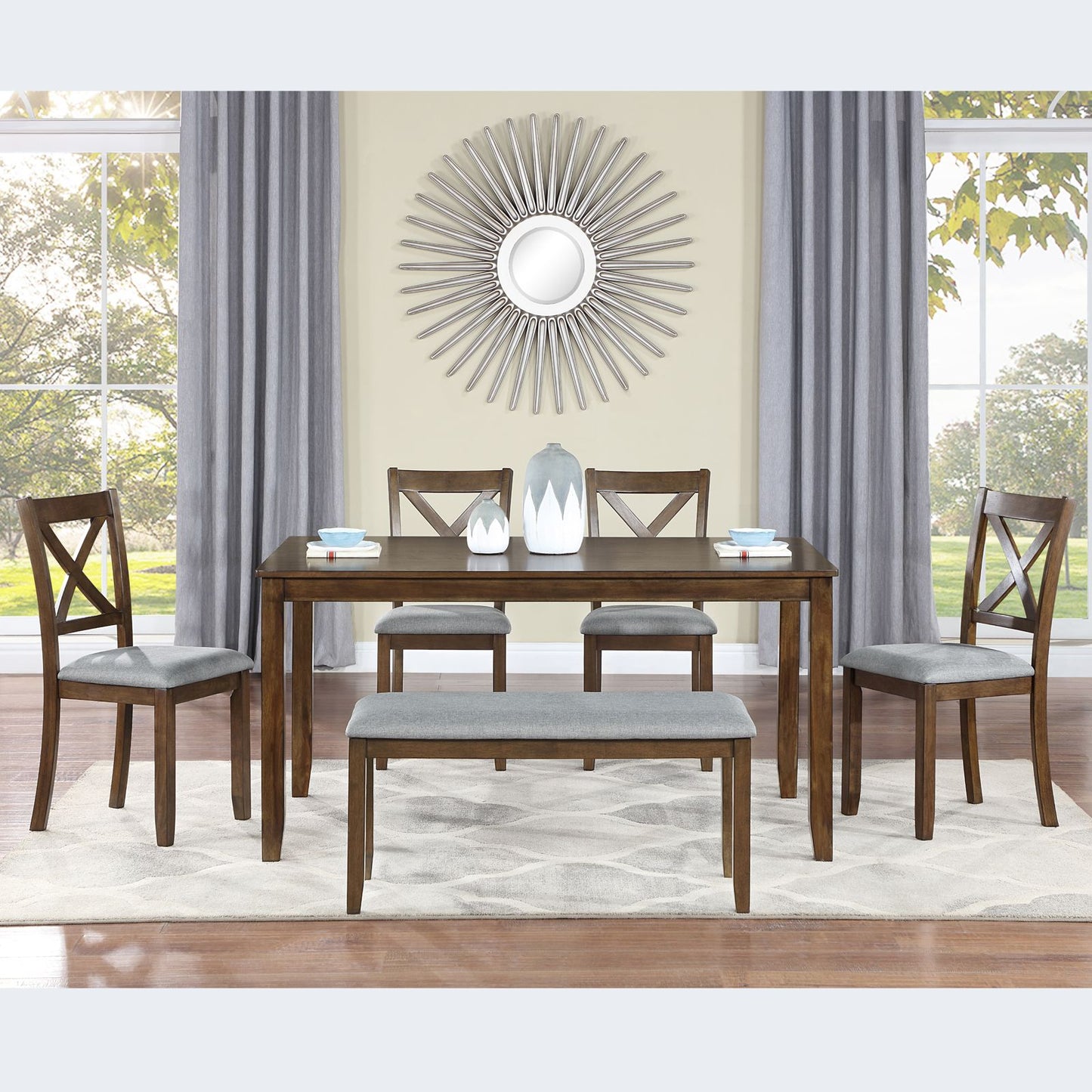 6 Piece Kitchen Dining Set, Rectangular Wooden Dining Table with 4 Upholstered Chairs and a Bench, Dining Table Set for  image 2