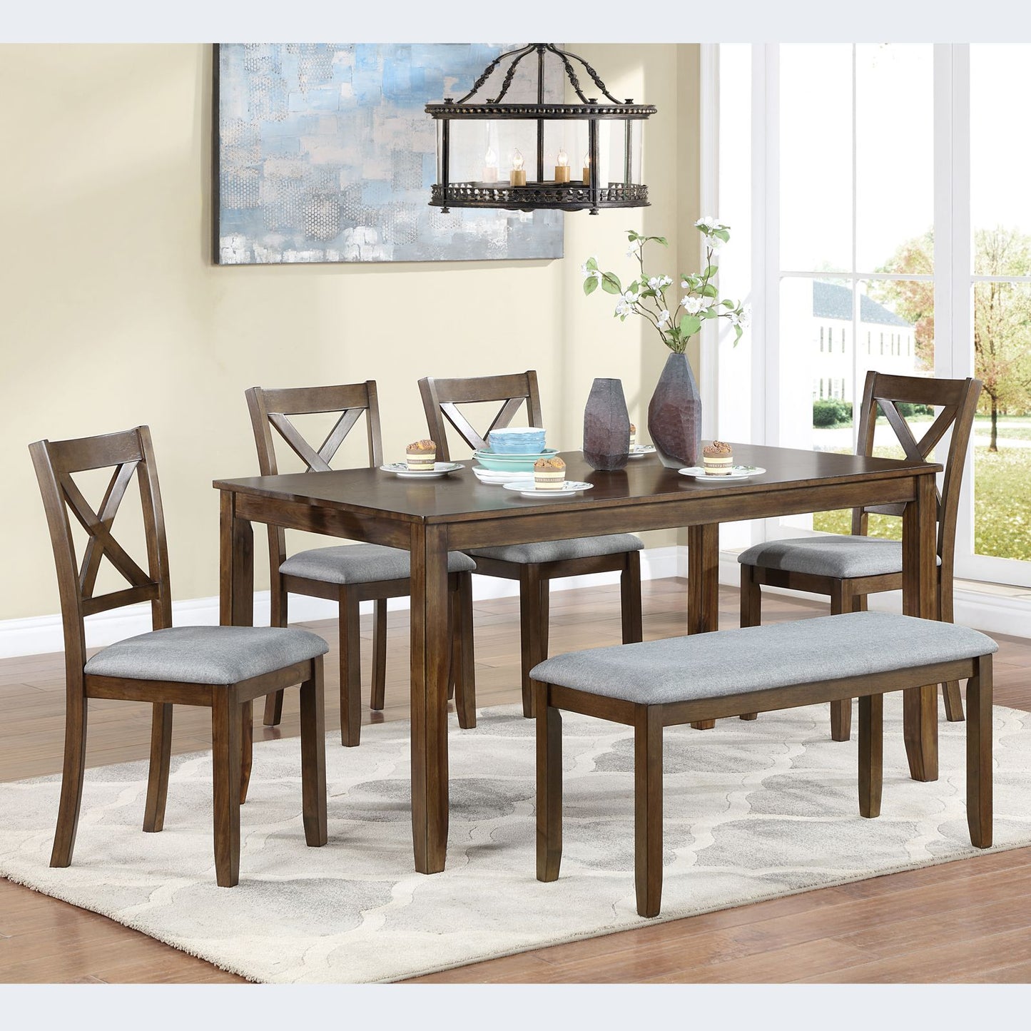 6 Piece Kitchen Dining Set, Rectangular Wooden Dining Table with 4 Upholstered Chairs and a Bench, Dining Table Set for  image 1