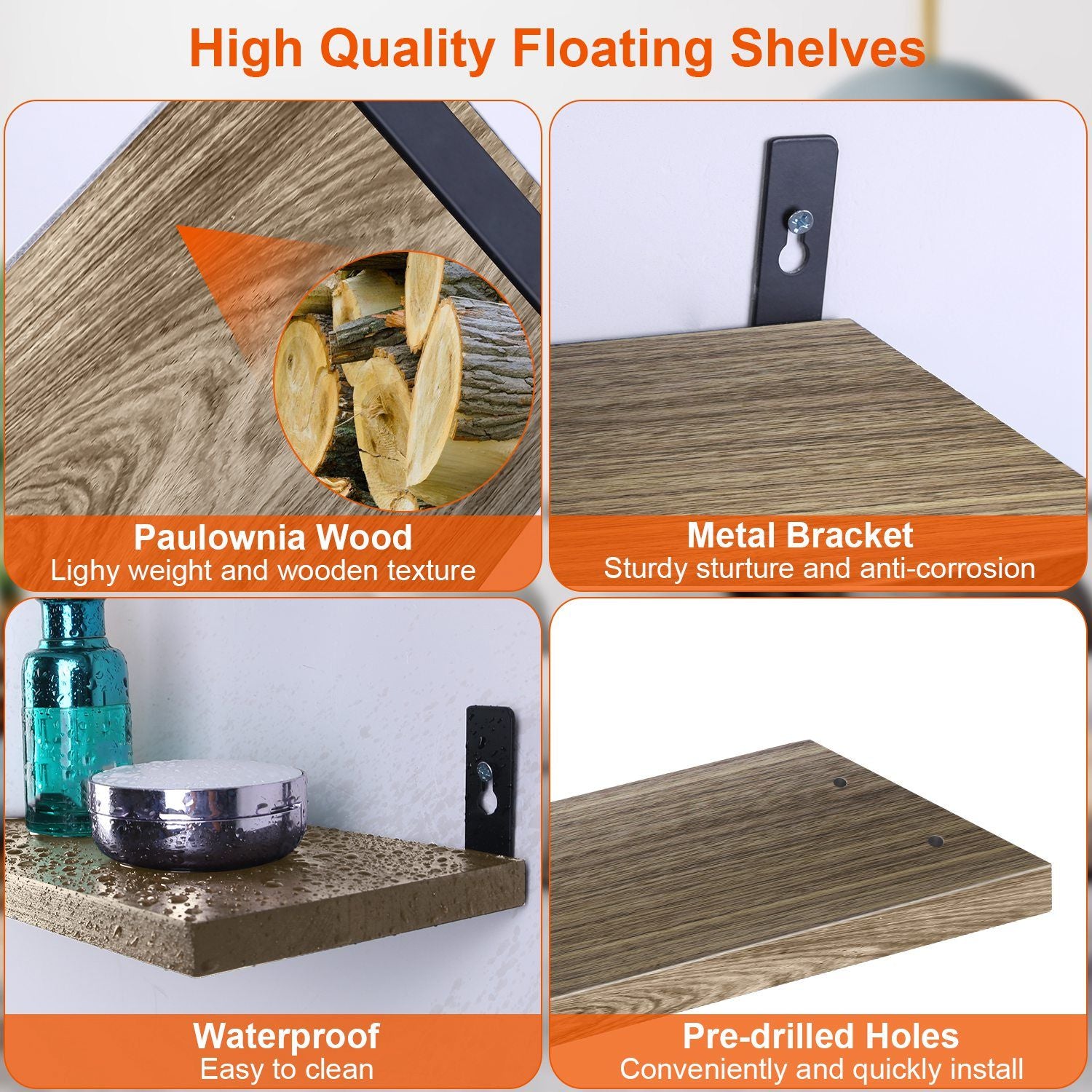 6 Sets Floating Shelves 15.55x5.19Inch Wall Mounted Shelves Wood Storage Shelves Metal Bracket Hanging Display Shelf Wal image 3